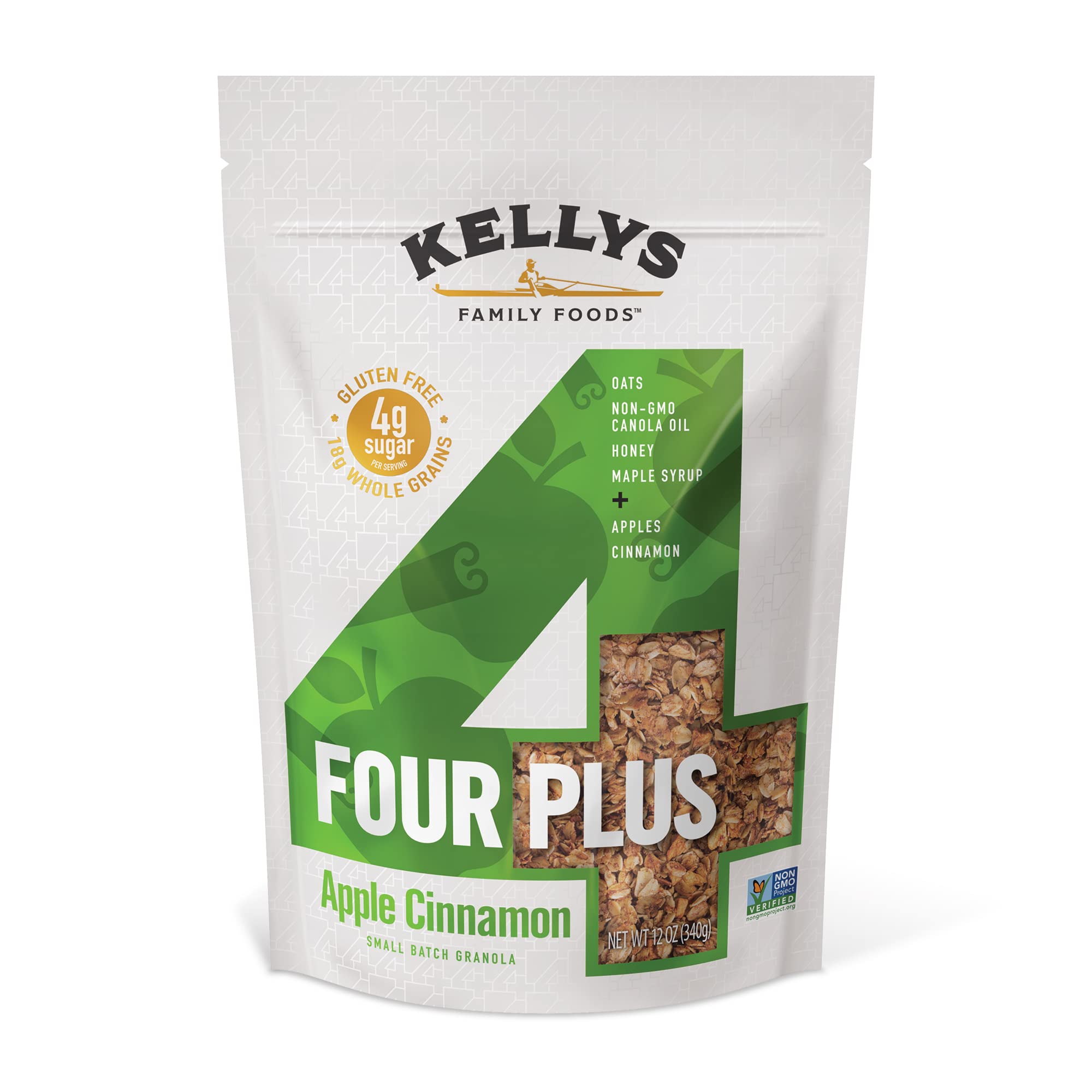 Kellys Four Plus Granola Cereal | Apple Cinnamon Healthy Granola for Yogurt | Hand Made Snacks for Breakfast - 12 oz