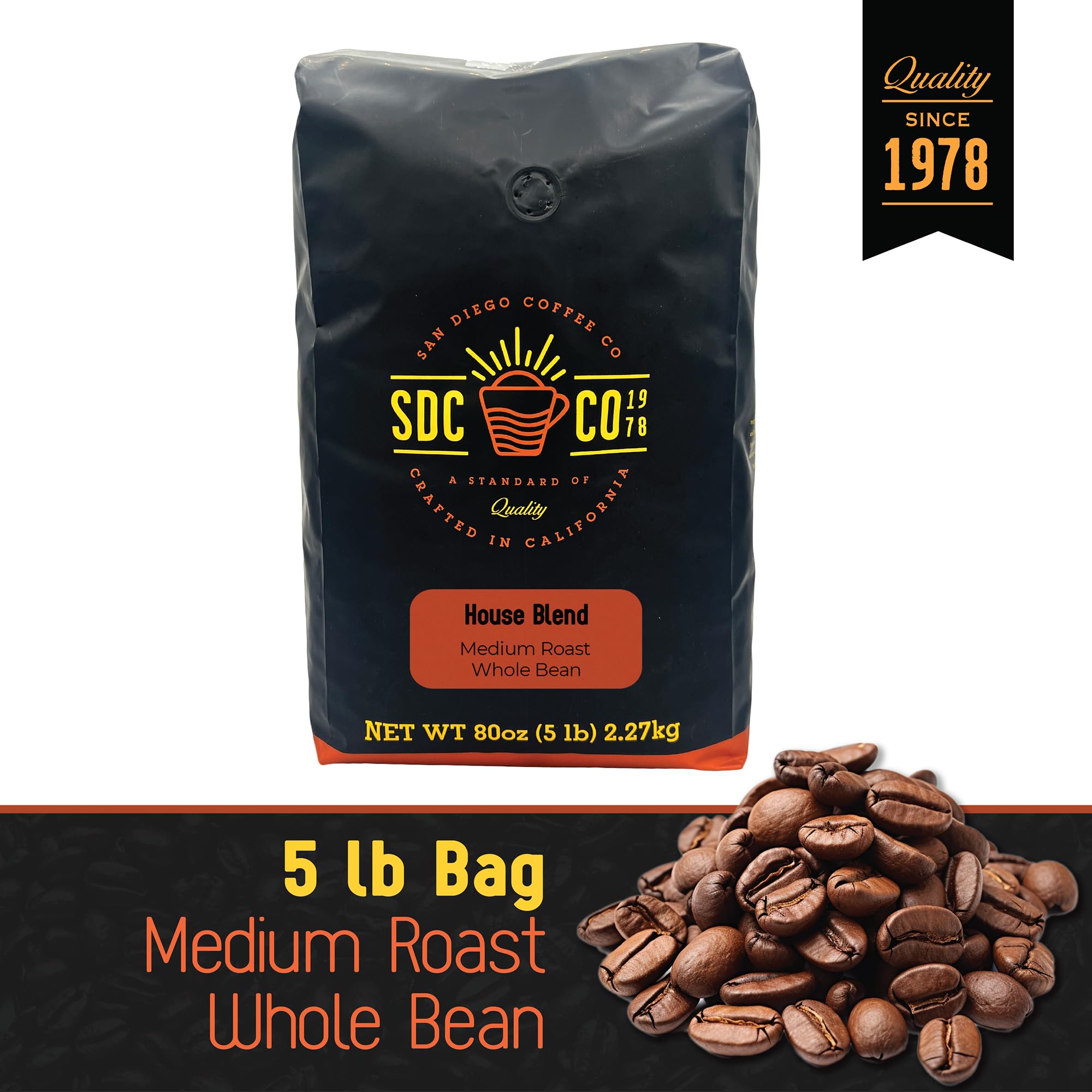 San Diego Coffee House Blend, Medium Roast, Whole Bean Coffee, 5-Pound Bag Café en grano tostado