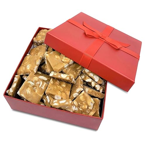 Gourmet Peanut Brittle Red Gift Box - by Its Delish | Handmade Old-Fashioned Style | Beautiful & Delicious Square Pieces 16 Oz Peanuts Brittle |