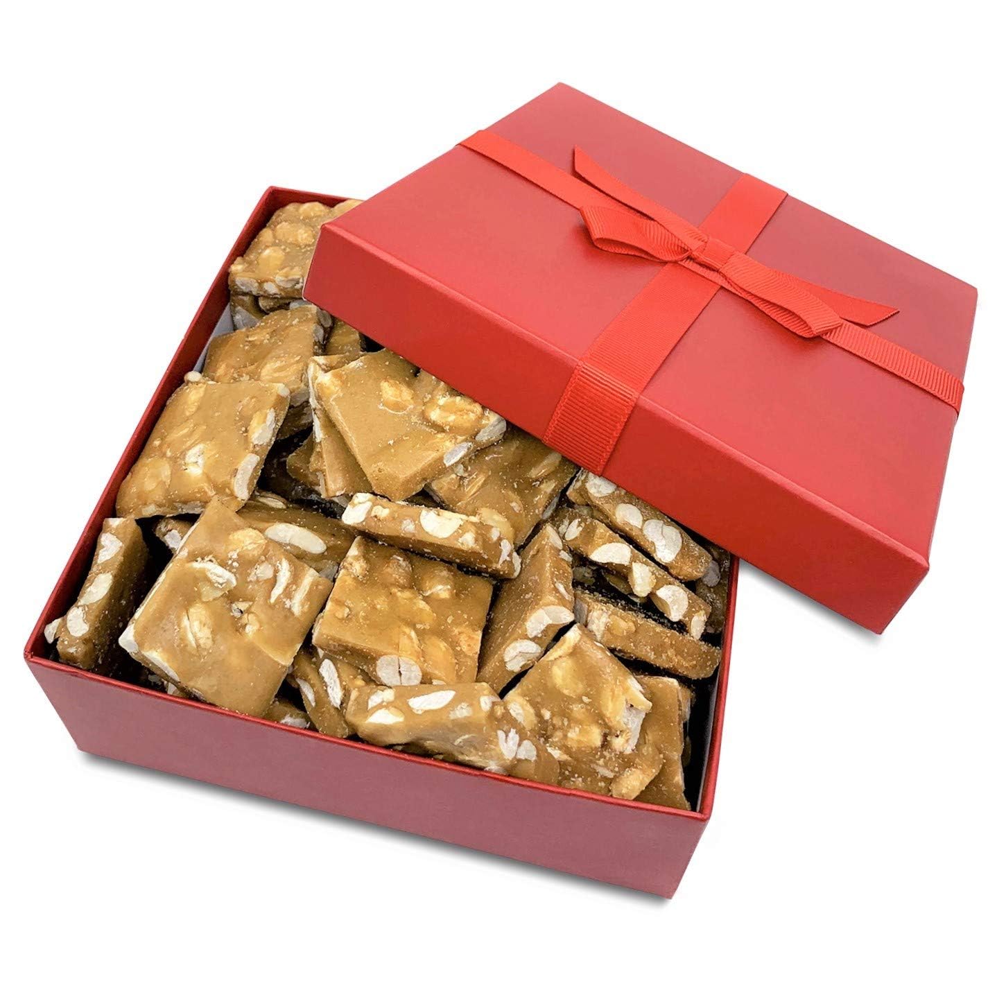 Gourmet Peanut Brittle Red Gift Box - by Its Delish | Handmade Old-Fashioned Style | Beautiful & Delicious Square Pieces 16 Oz Peanuts Brittle |