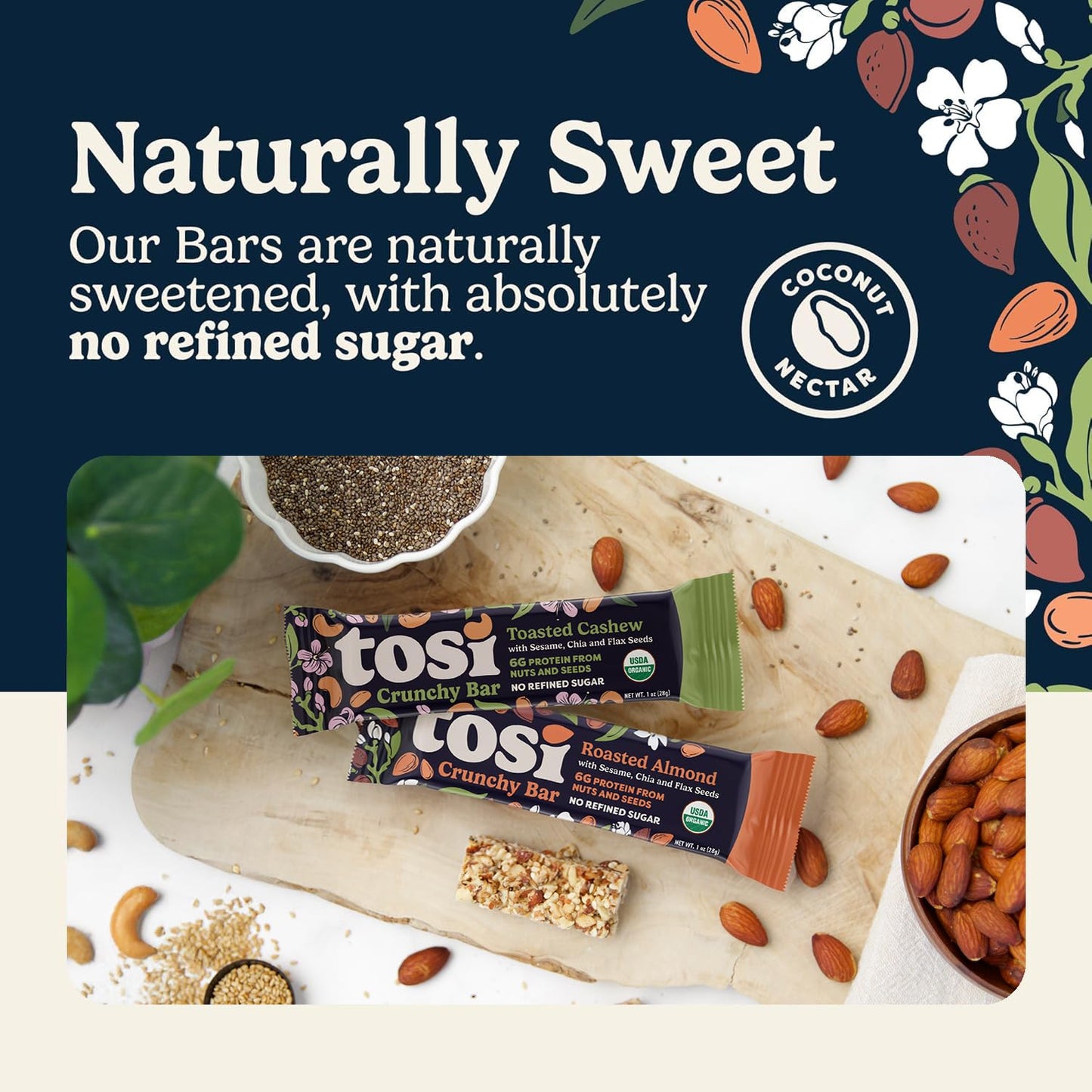 Tosi Variety Pack Protein Bars, Plant Based with Nuts, Gluten-Free Crunchy Snacks, Vegan, Organic, Flax & Chia Seeds, Soy-Free, Omega 3s, 5G-20G