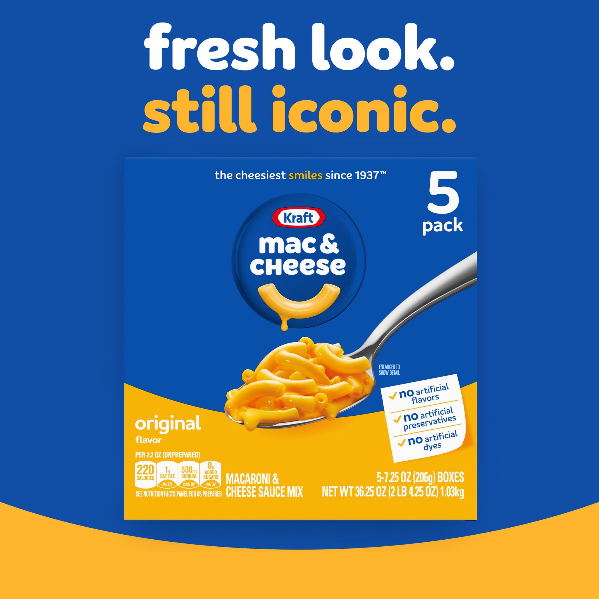 Kraft Mac and Cheese, 5 Boxes, for Easy Dinner or Dinner Sides, Original Flavor, No Artificial Flavors, Preservatives or Dyes, 7.25 oz