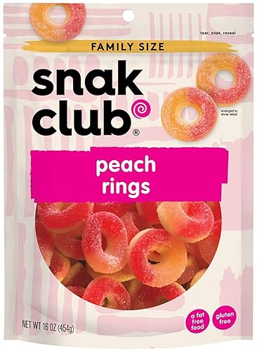 Snak Club Peach Rings Gummy Candy, 16 Ounce Bag (Pack of 6)