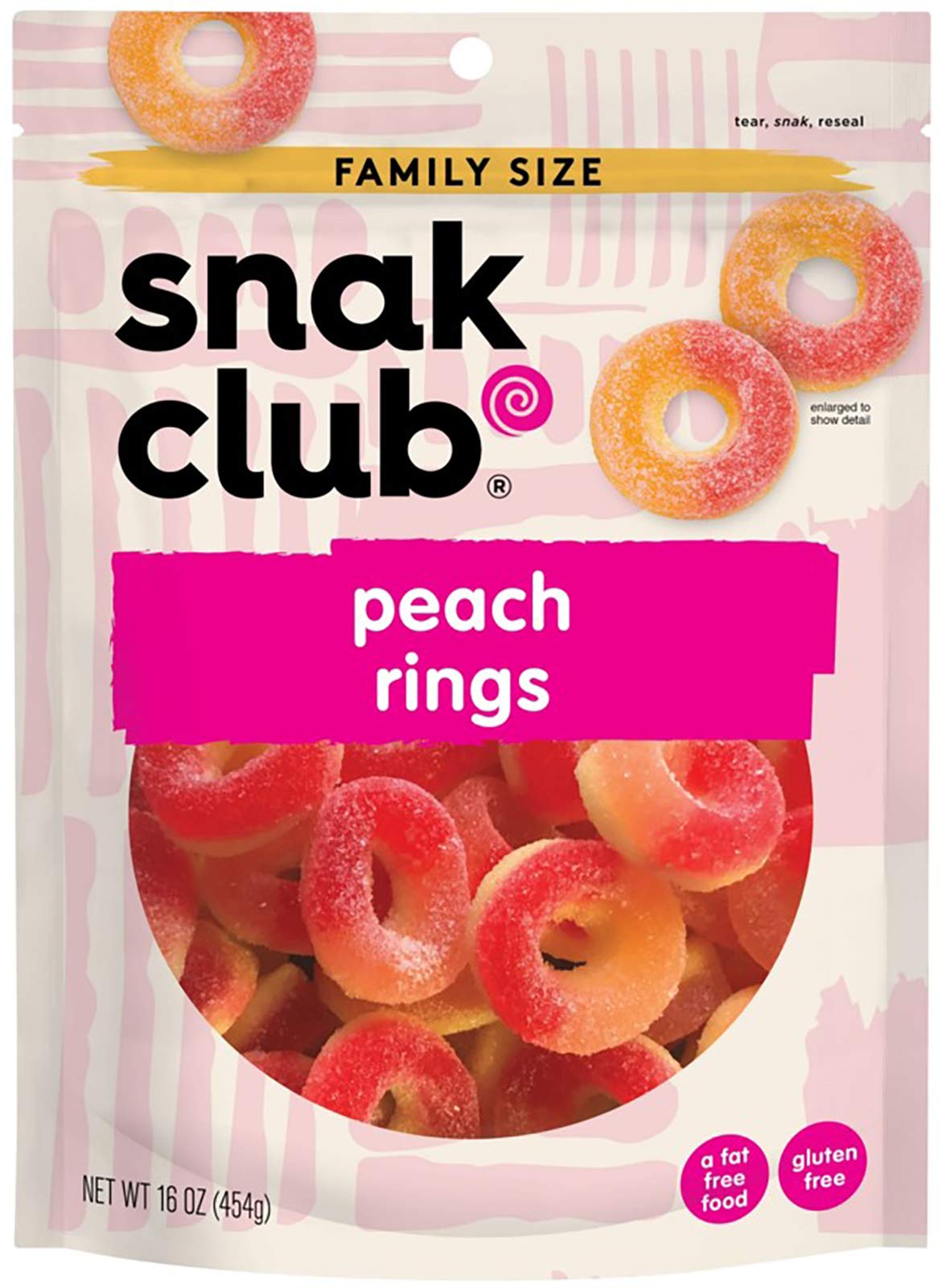 Snak Club Peach Rings Gummy Candy, 16 Ounce Bag (Pack of 6)