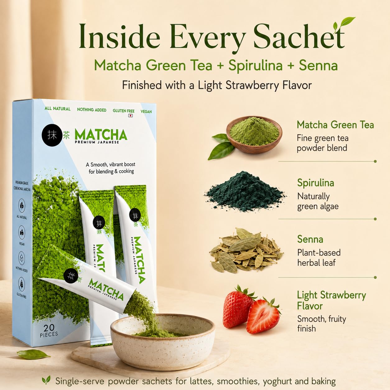 UNIQBITE Strawberry Matcha Powder Blend with Spirulina, 20 Single-Serve Sachets, for Hot and Iced Macha Latte, Green Tea, Smoothies and Baking, 5.64