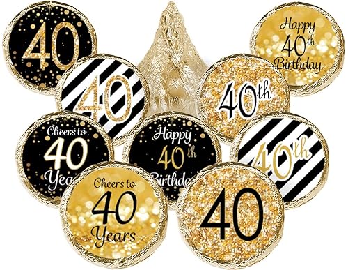 DISTINCTIVS Black and Gold 40th Birthday Kiss Stickers - 180 Count - 40th Birthday Party Favors for Men and Women