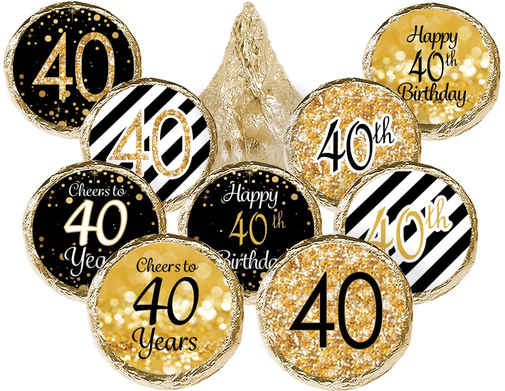 DISTINCTIVS Black and Gold 40th Birthday Kiss Stickers - 180 Count - 40th Birthday Party Favors for Men and Women