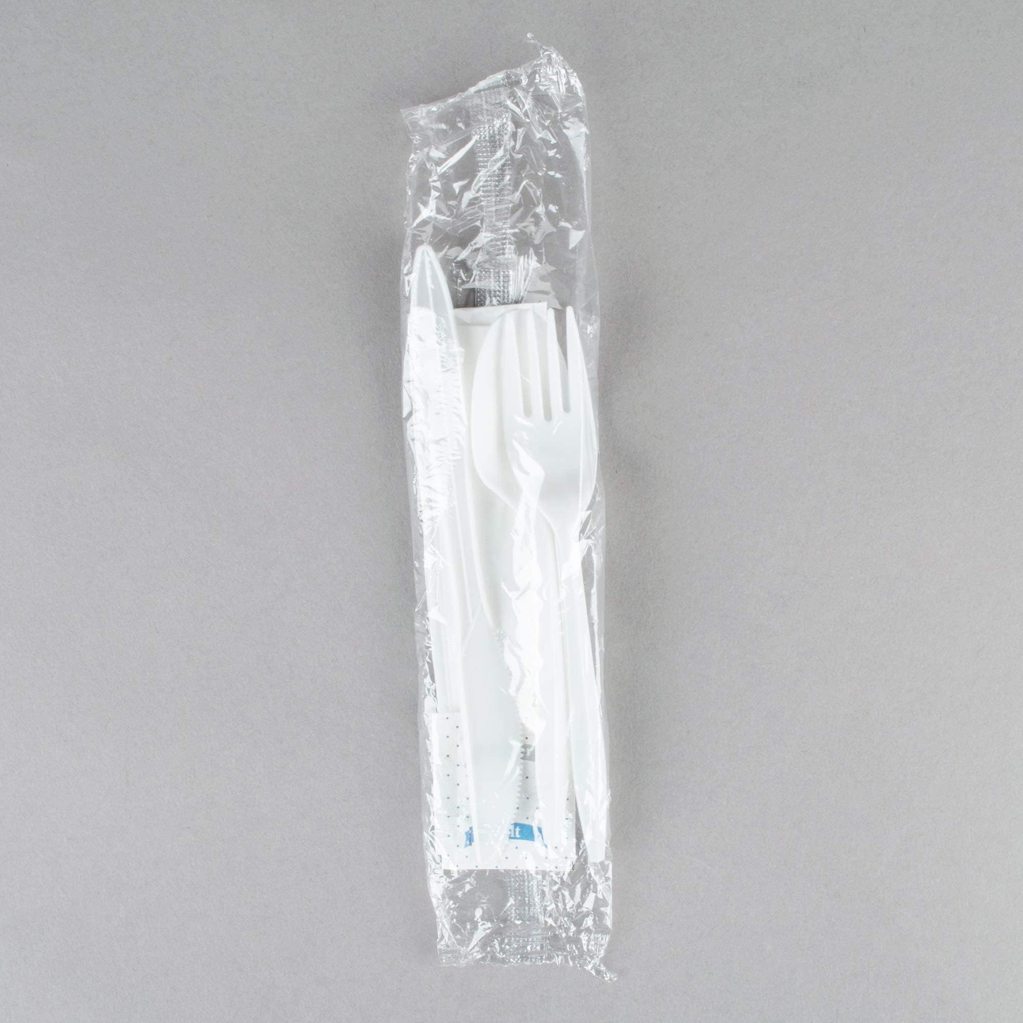 450 White Plastic Cutlery Packets - Knife Fork Spoon Napkin Salt Pepper Sets, Individually Wrapped Disposable Silverware
