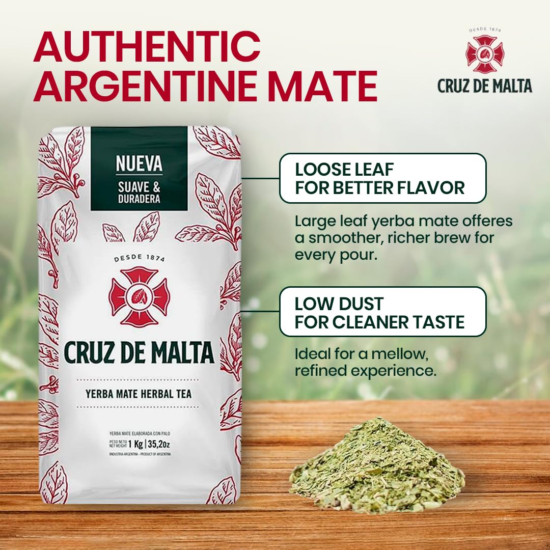 Cruz de Malta Yerba Mate Tea - 1kg (2.2 lbs) Loose Leaf - Traditional Argentine Herbal Tea - Smooth Flavor, Naturally Sourced - USA Specific Packaging