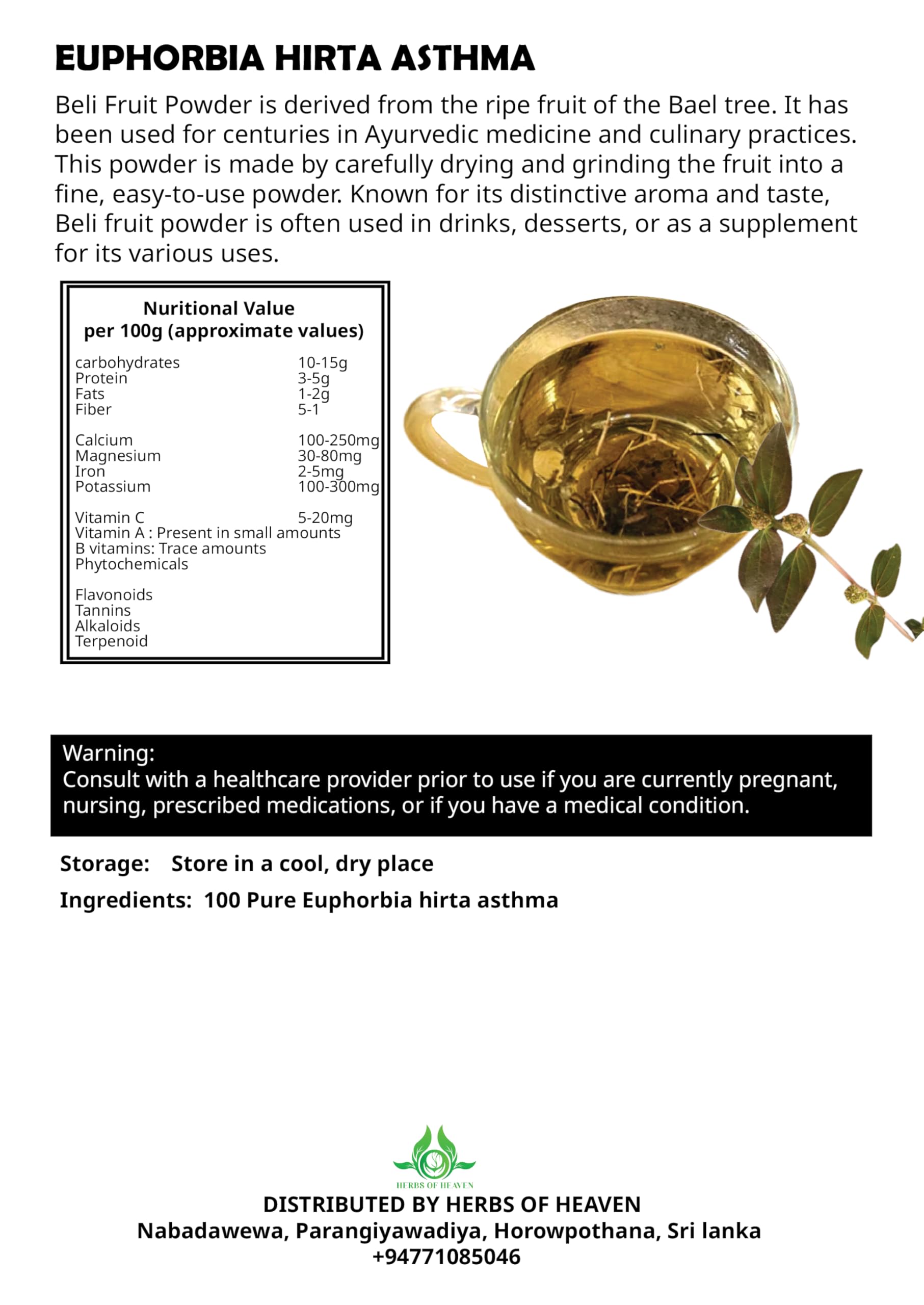 HERBS OF HEAVEN 100g Euphorbia Hirta Asthma Cut & Shifted - 100% Pure Natural Tea - Premium Quality for Brewing Herbal Tea