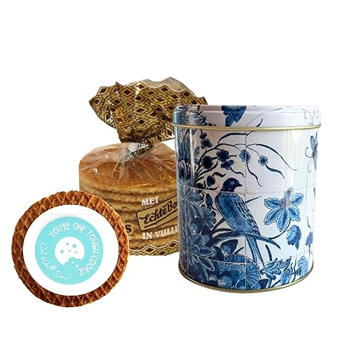 DeReuze Dutch Stroopwafels Gift Set with Decorative Netherlands Inspired Design Blue Tin and Special Occasion Gift Message Shipped in Organza Bag (Get