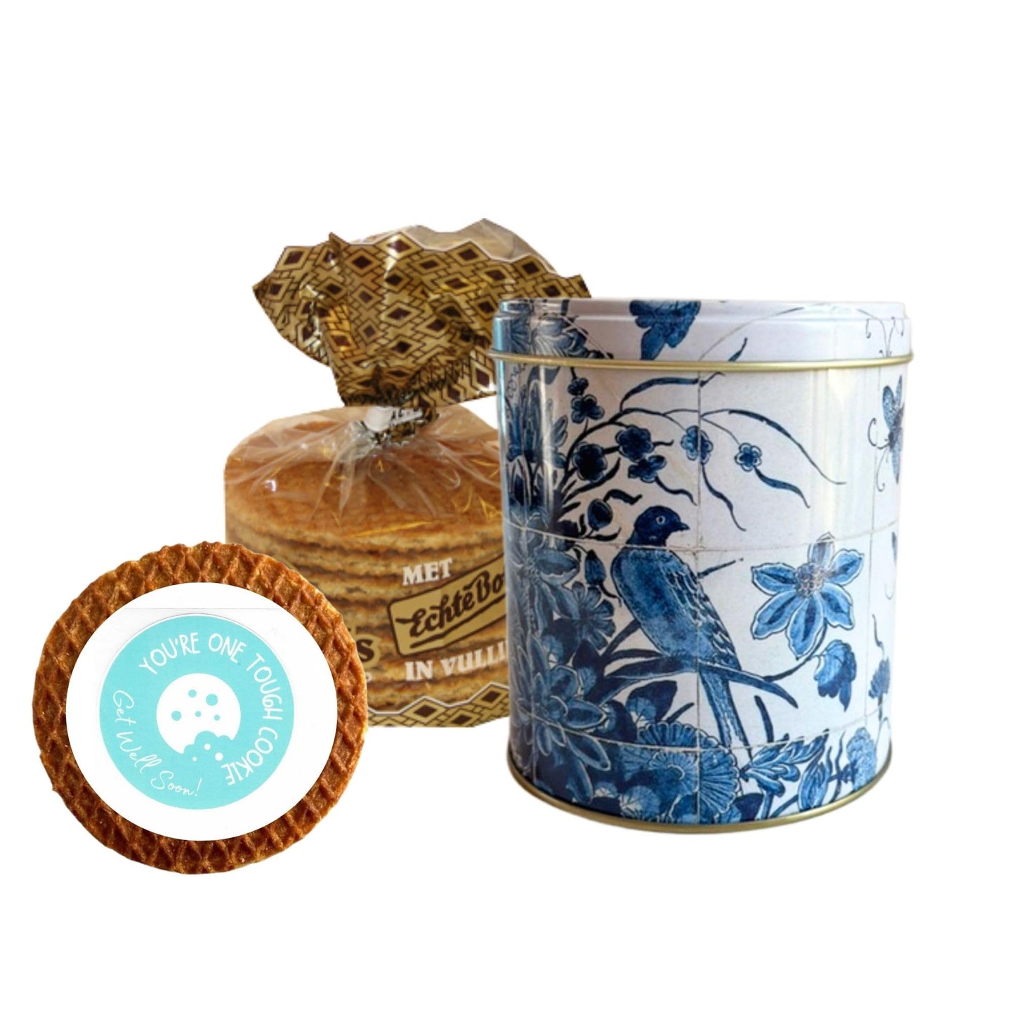 DeReuze Dutch Stroopwafels Gift Set with Decorative Netherlands Inspired Design Blue Tin and Special Occasion Gift Message Shipped in Organza Bag (Get