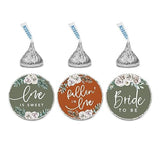 Andaz Press Sage Green with Cream Floral Blossoms Fall Wedding Party Collection, Chocolate Drop Label Stickers Trio, Bride to Be, Floral Bouquet