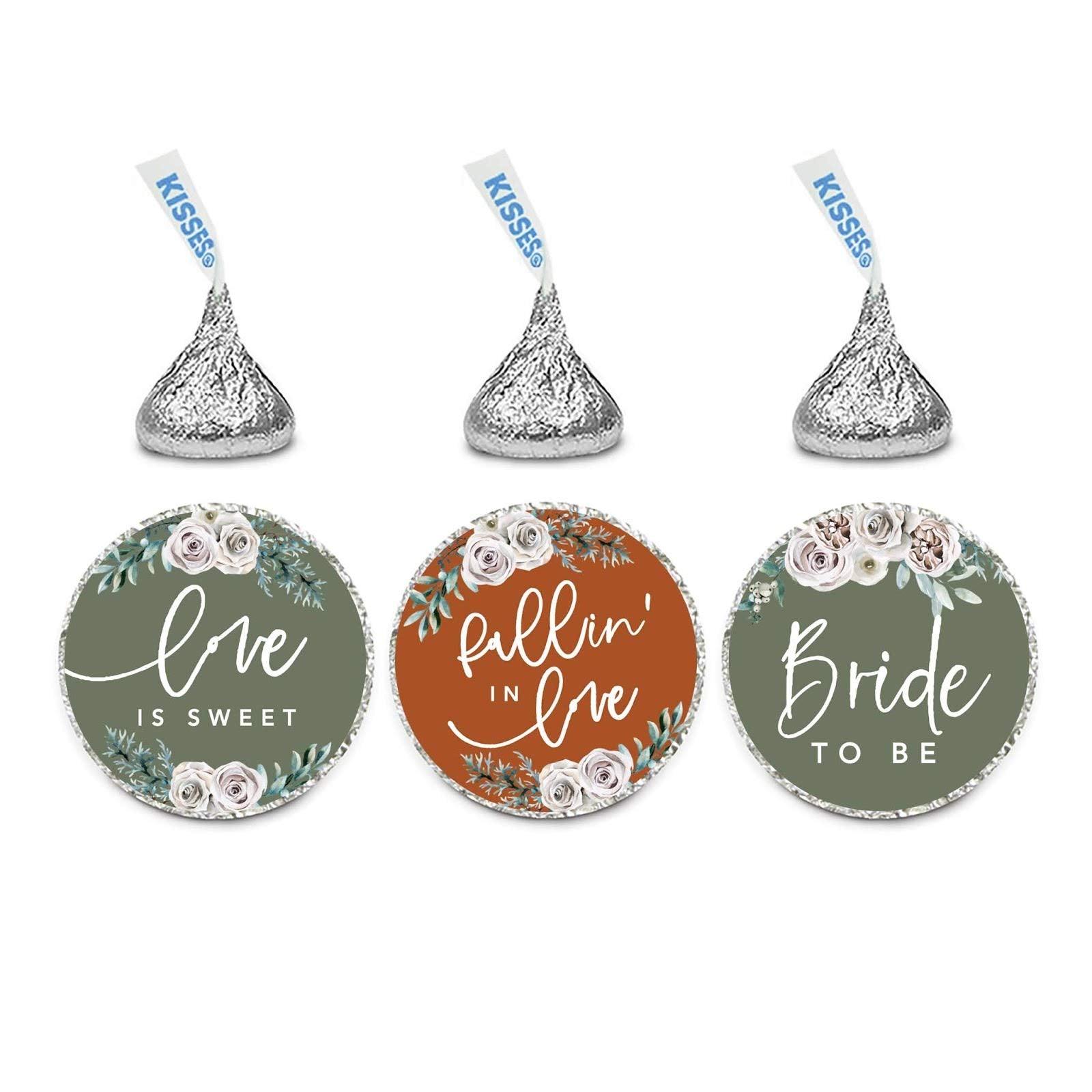 Andaz Press Sage Green with Cream Floral Blossoms Fall Wedding Party Collection, Chocolate Drop Label Stickers Trio, Bride to Be, Floral Bouquet