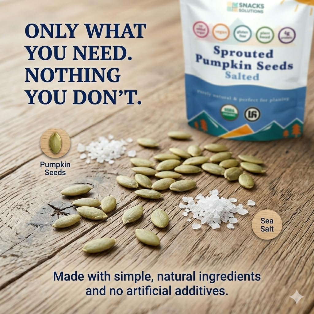 Snacks Solutions Sprouted Pumpkin Seeds (5 oz - Pack of 6, Salted) USDA Organic, Kosher Certified, Rich in Protein