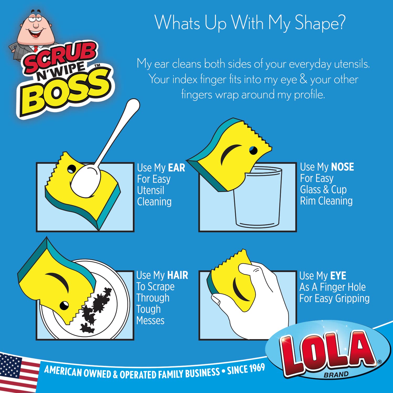 Scrub N Wipe Boss Sponge, by LOLA, Comparable to Popular Brand but 14.4% More Volume, Firm in Cold Water/Flexible in Warm Water, Made in USA, 1 Pack