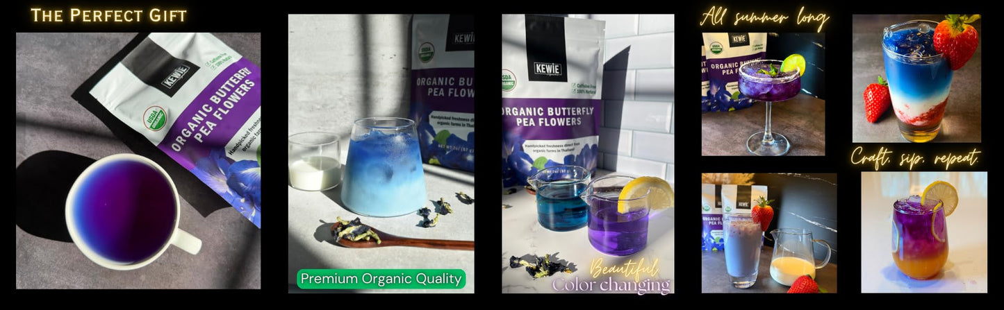 KEWIE Signature Butterfly Pea Flower Tea - 2oz Premium-Grade Blue Butterfly Pea Flower Organic Loose Leaf Tea - Caffeine-Free, USDA Organic - Natural