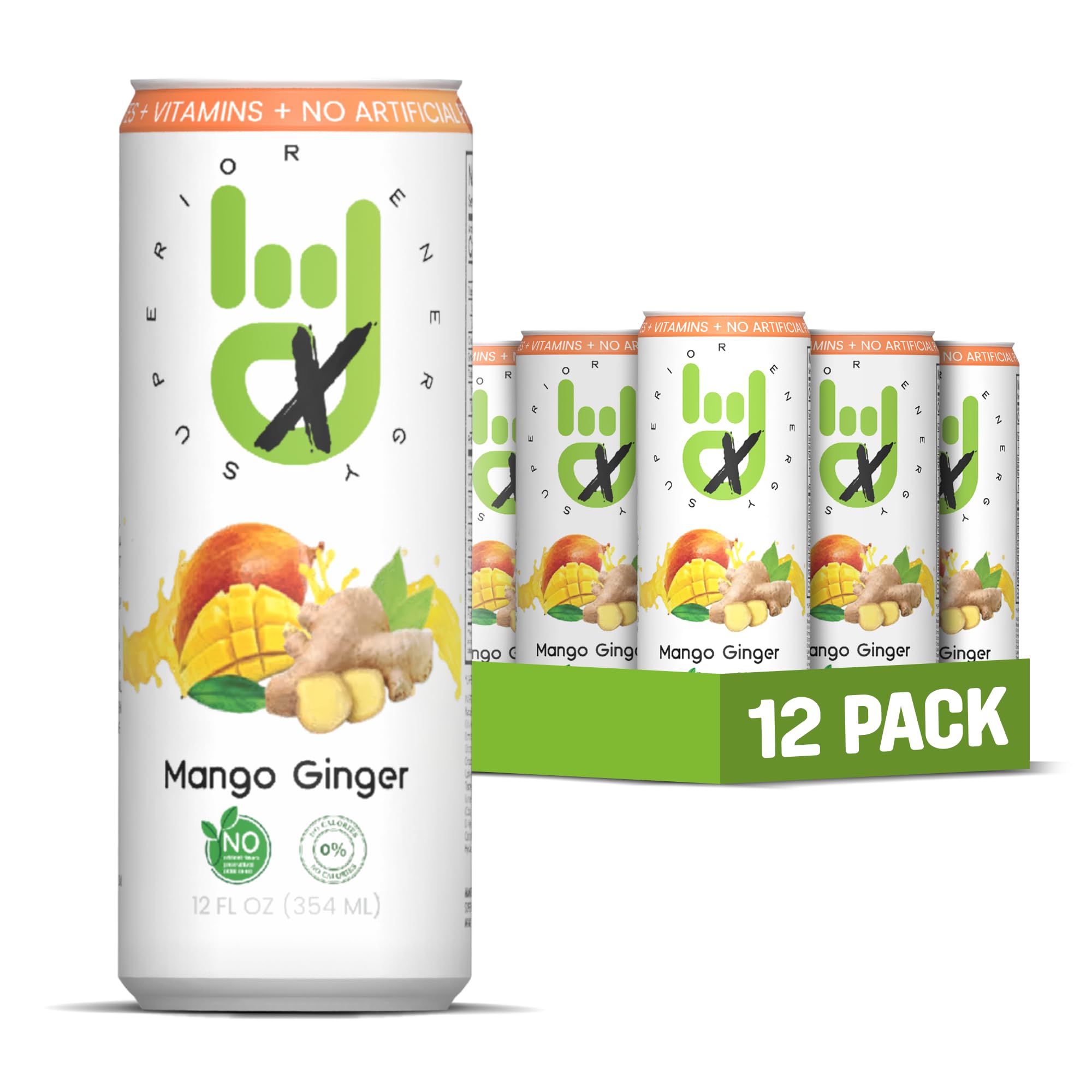 Superior Energy Electrolytes Drink Zero Calories - Energy Drink Zero Sugar - Mango Ginger Flavor, 90mg Natural Caffeine - Pack of 12 (12 fl oz each)