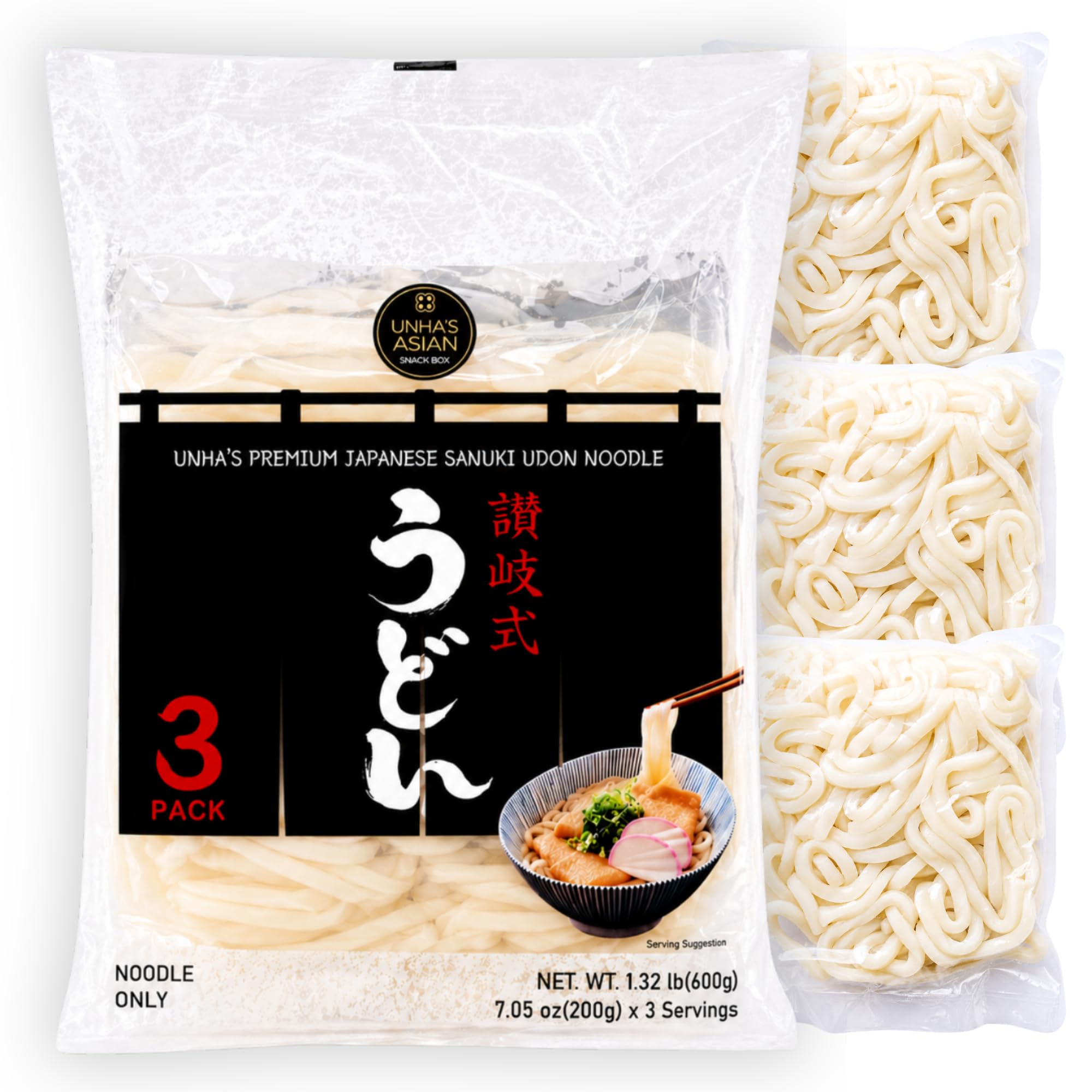 Unha’s Japanese Sanuki Fresh Udon Noodles, Jumbo Chewy Noodles, No Soup Included, Quick and Easy, 22 oz (200g × 3 Packs) Pack of 1