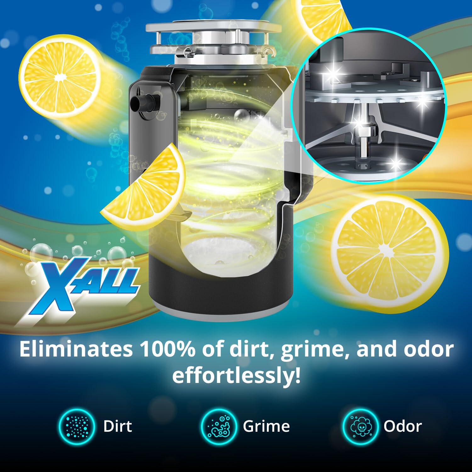 X-ALL Garbage Disposal Cleaner Deodorizer Tablets - 24 Pack, New Powerful Foaming Formula - Deep Cleaning and Odor-Eliminator with Lemon Scent