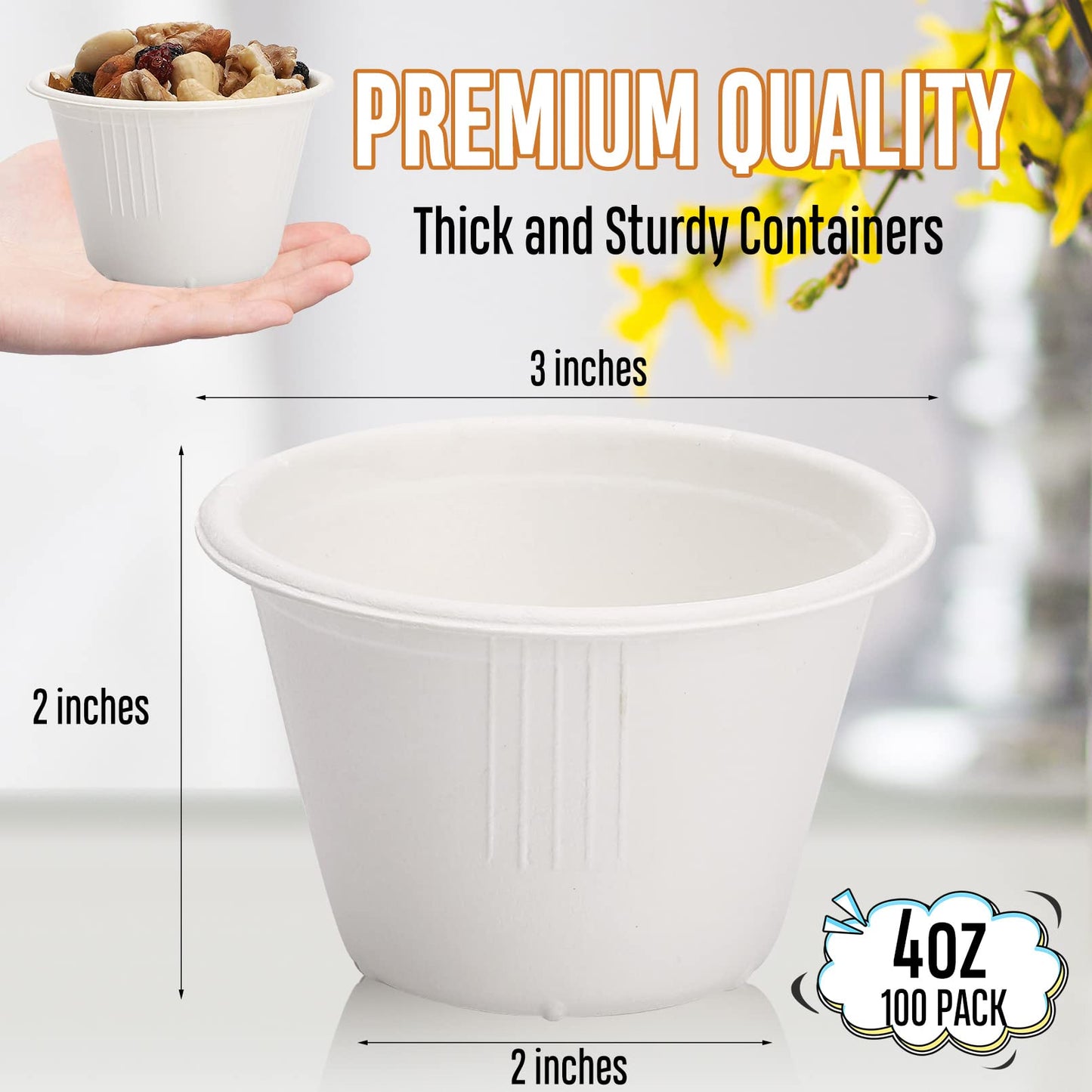 Visen 100 Pack Compostable Portion Cups, 4 oz Disposable Paper for Condiment, Food Sample, 100% Biodegradable Souffle, Jello Shot & Samples Honey Nuts