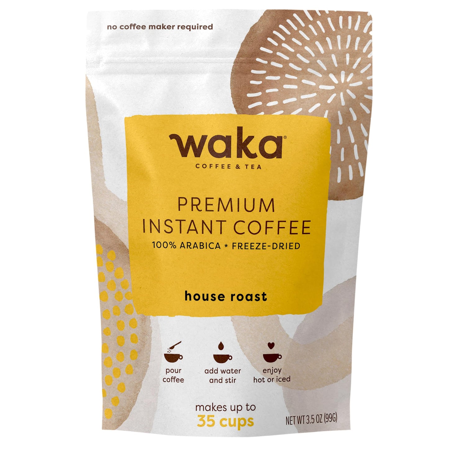 Waka Premium Instant Coffee Pouch - 100% Arabica Freeze Dried Beans - For Hot or Iced Coffee (3.5 Ounces, House Roast)