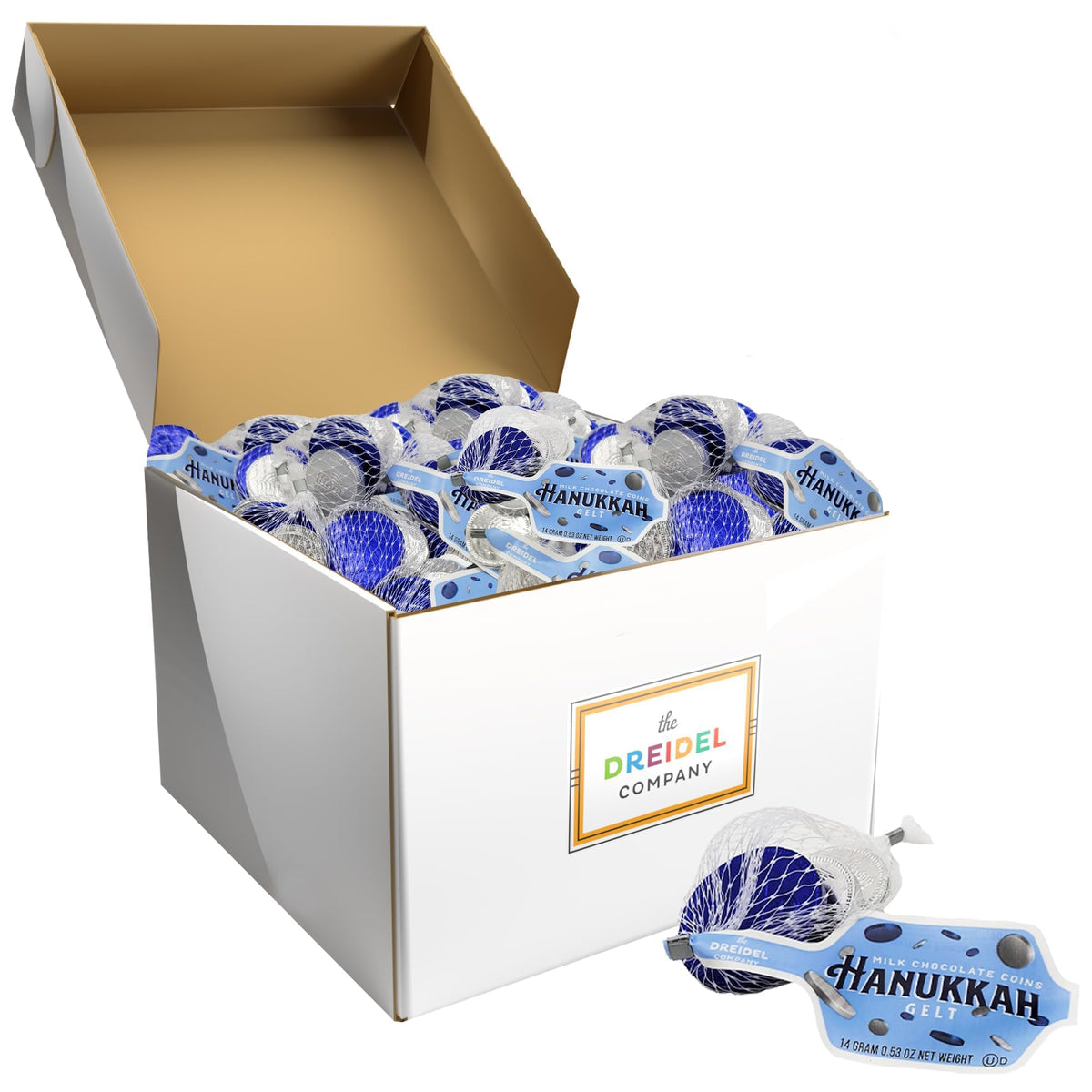 The Dreidel Company 300-Mesh Bags Original Hanukkah Chocolate Gelt Blue & Silver Coins in Mesh Bags, Made with Premium Belgian Milk Chocolate, Gluten
