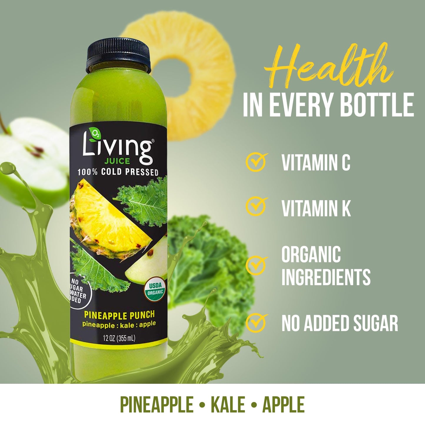 O2 Living Juice Cold Pressed Drink - Pineapple Punch Organic Juice Pack - No Added Sugars or Water, Naturally Sweetened from Fruits, Rich in Nutrients