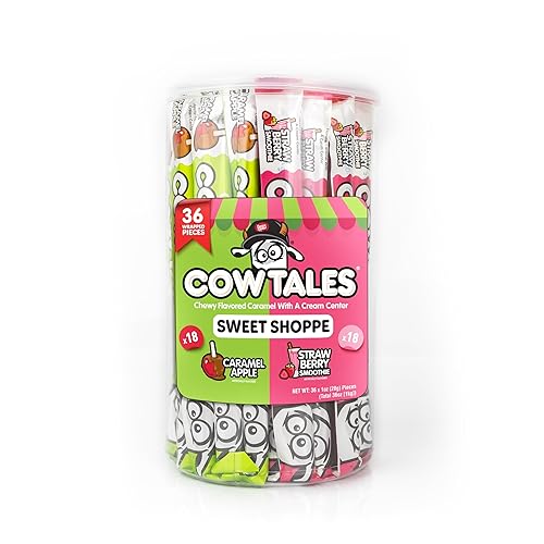 Goetze's Candy Sweet Shoppe Cow Tales Mix - Strawberry Smoothie & Caramel Apple - 36ct. Canister - Fresh from the Factory