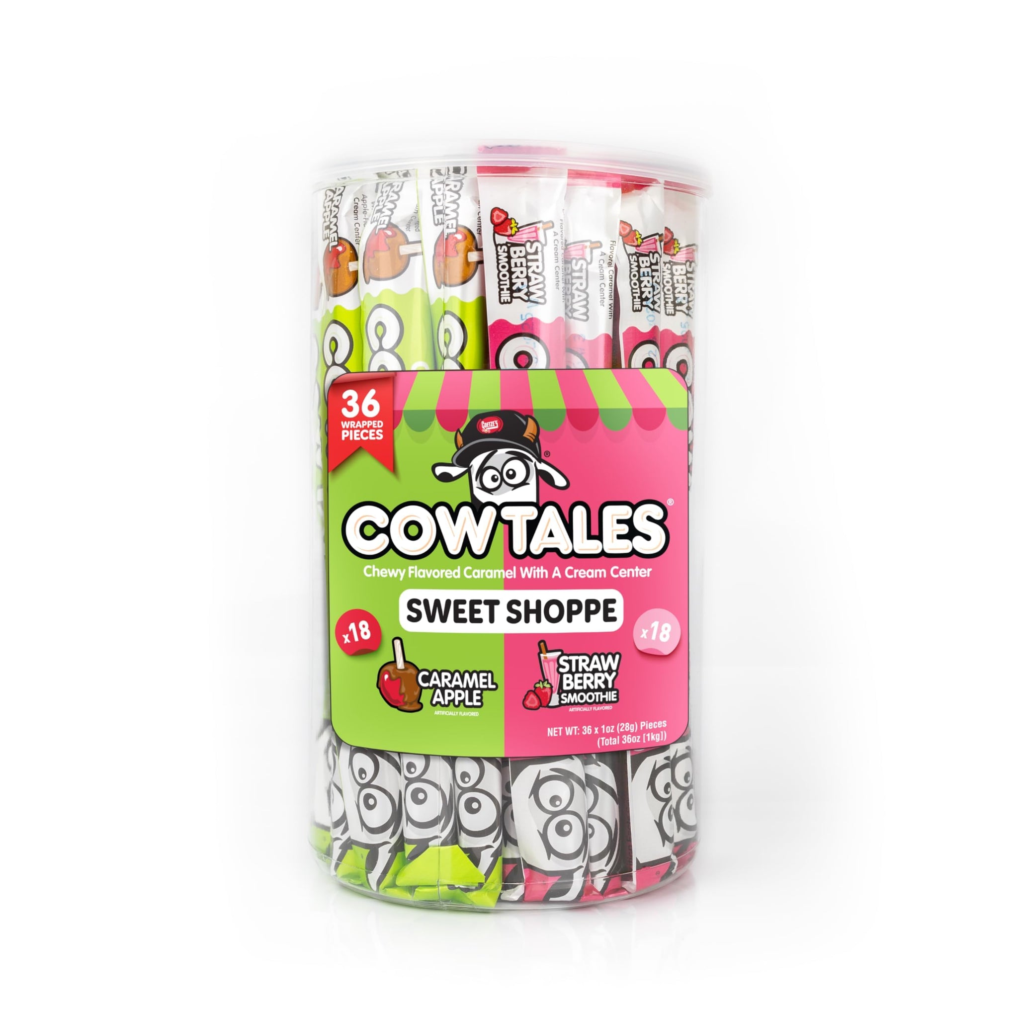 Goetze's Candy Sweet Shoppe Cow Tales Mix - Strawberry Smoothie & Caramel Apple - 36ct. Canister - Fresh from the Factory