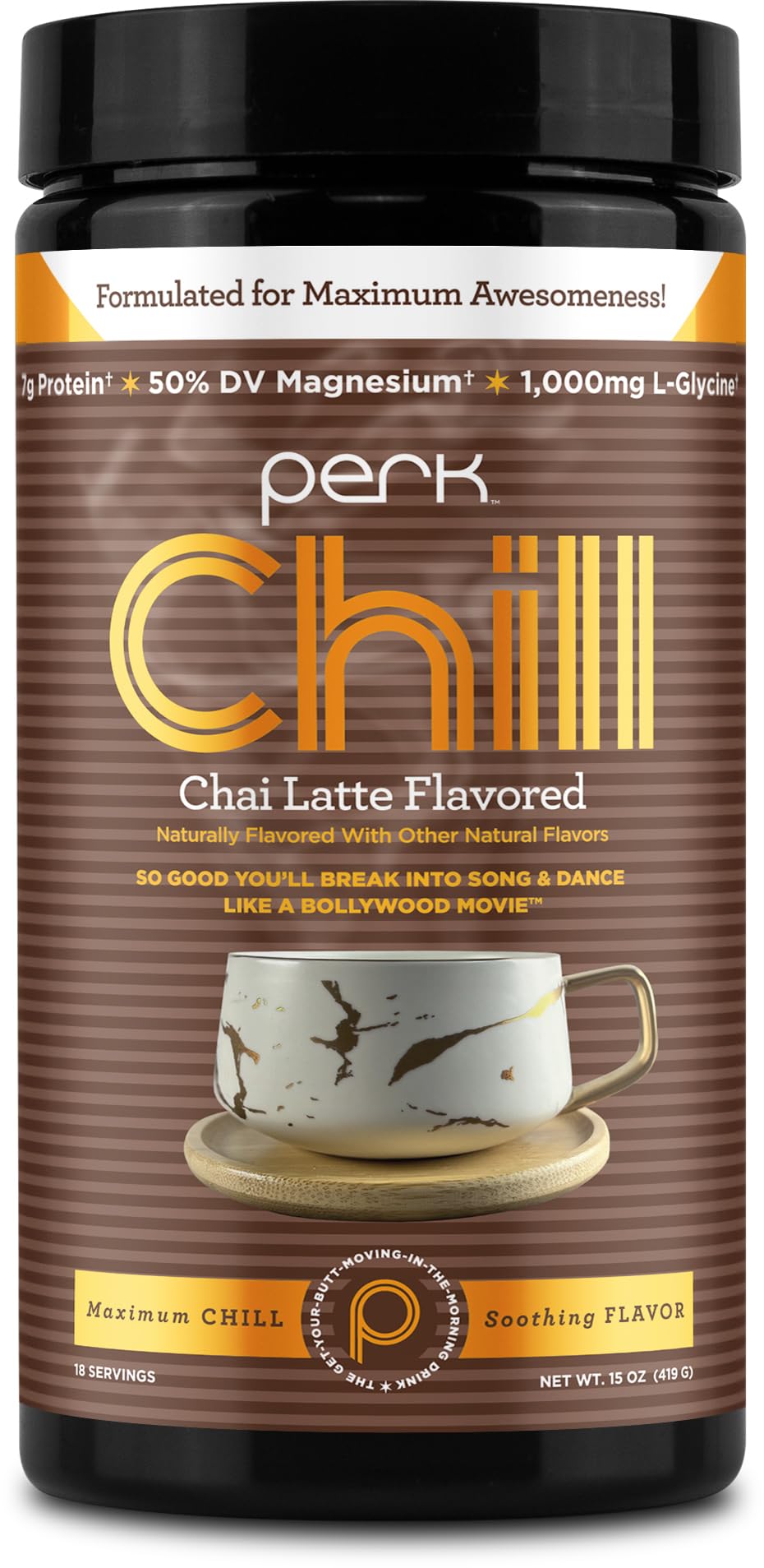 Perk Chill Drink Mix (Chai Latte) 18 Servings - Calming Melatonin-Free Nighttime Sleep Aid Support with Magnesium & L-Glycine, Soy-Free, Peanut-Free