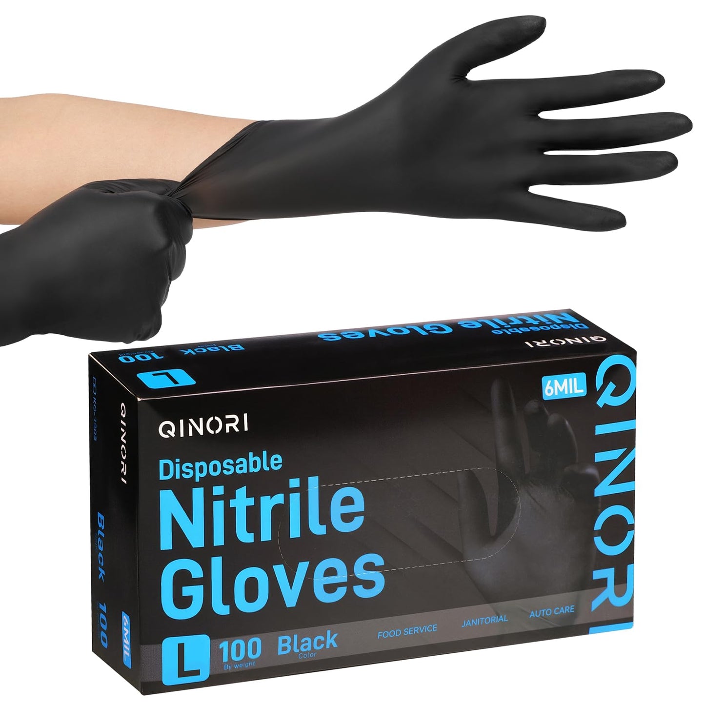 Qinori Black 6 Mil Nitrile Gloves HEAVY DUTY Disposable Chemical Resistant Latex & Powder Free,Food, Mechanic,Cleaning Gloves (L-100)