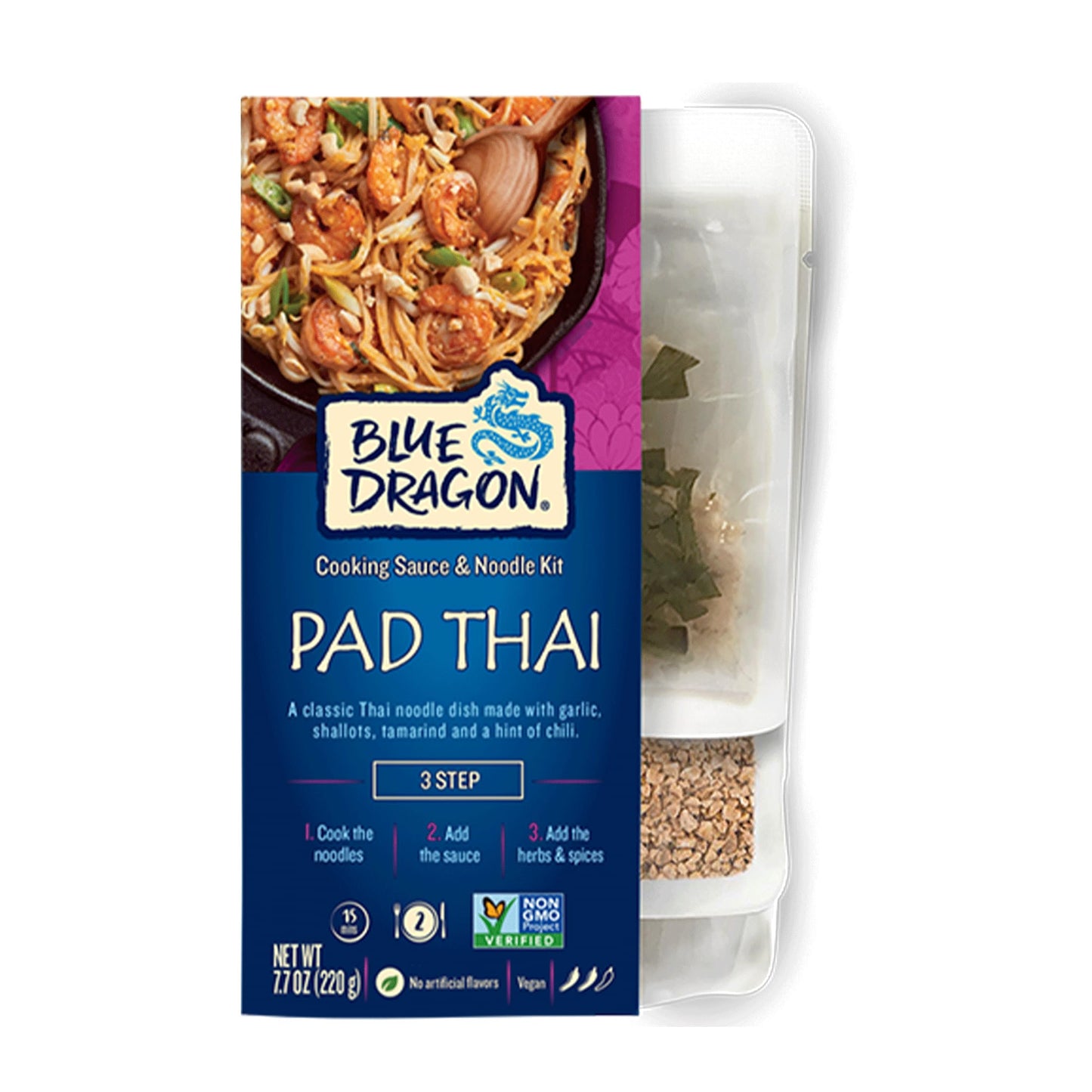 Blue Dragon Pad Thai 3 Step Cooking Sauce & Rice Noodle Kit - 7.7oz (Pack of 1) - Pre-Portioned Sachets of Dried Rice Noodles, Pad Thai Sauce