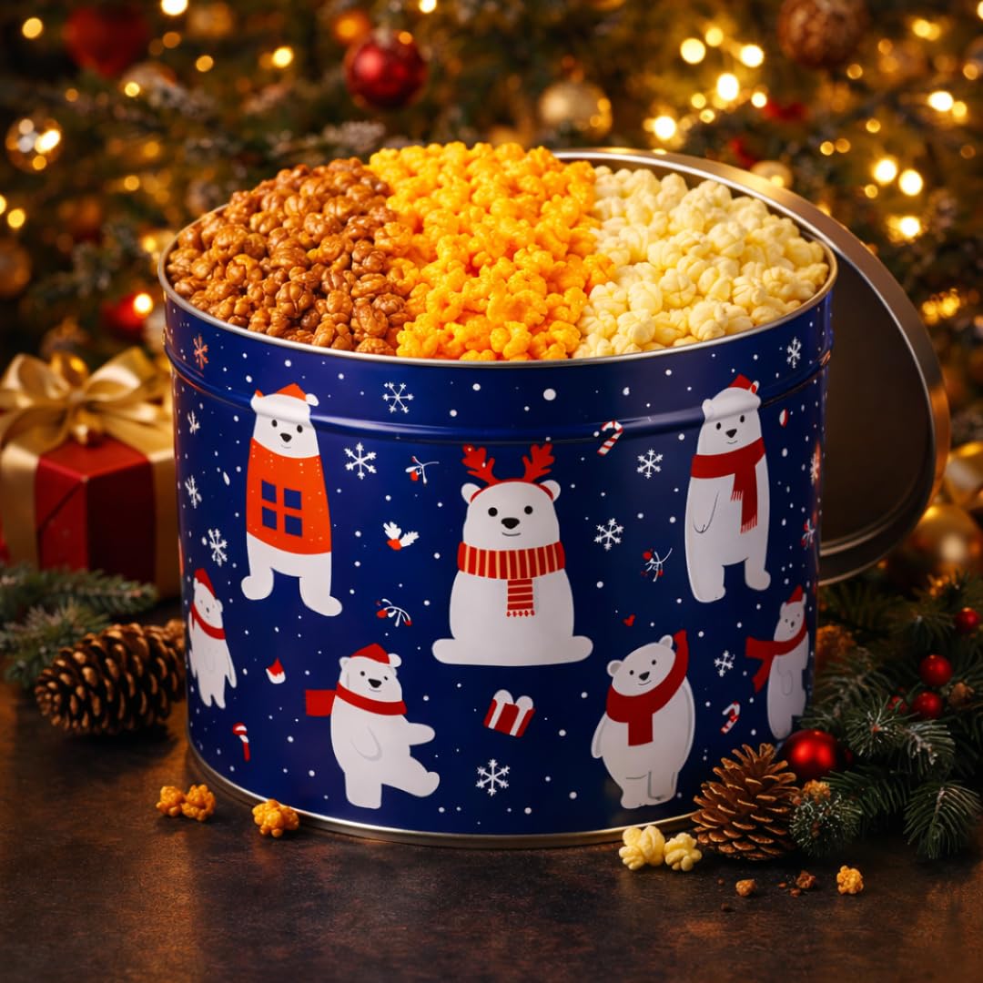 2 Gallon Christmas Popcorn Tin - 3 Flavor Gourmet Holiday Gift Basket - Caramel, Cheddar Cheese & Butter Popcorn - Large Festive Snack Gift