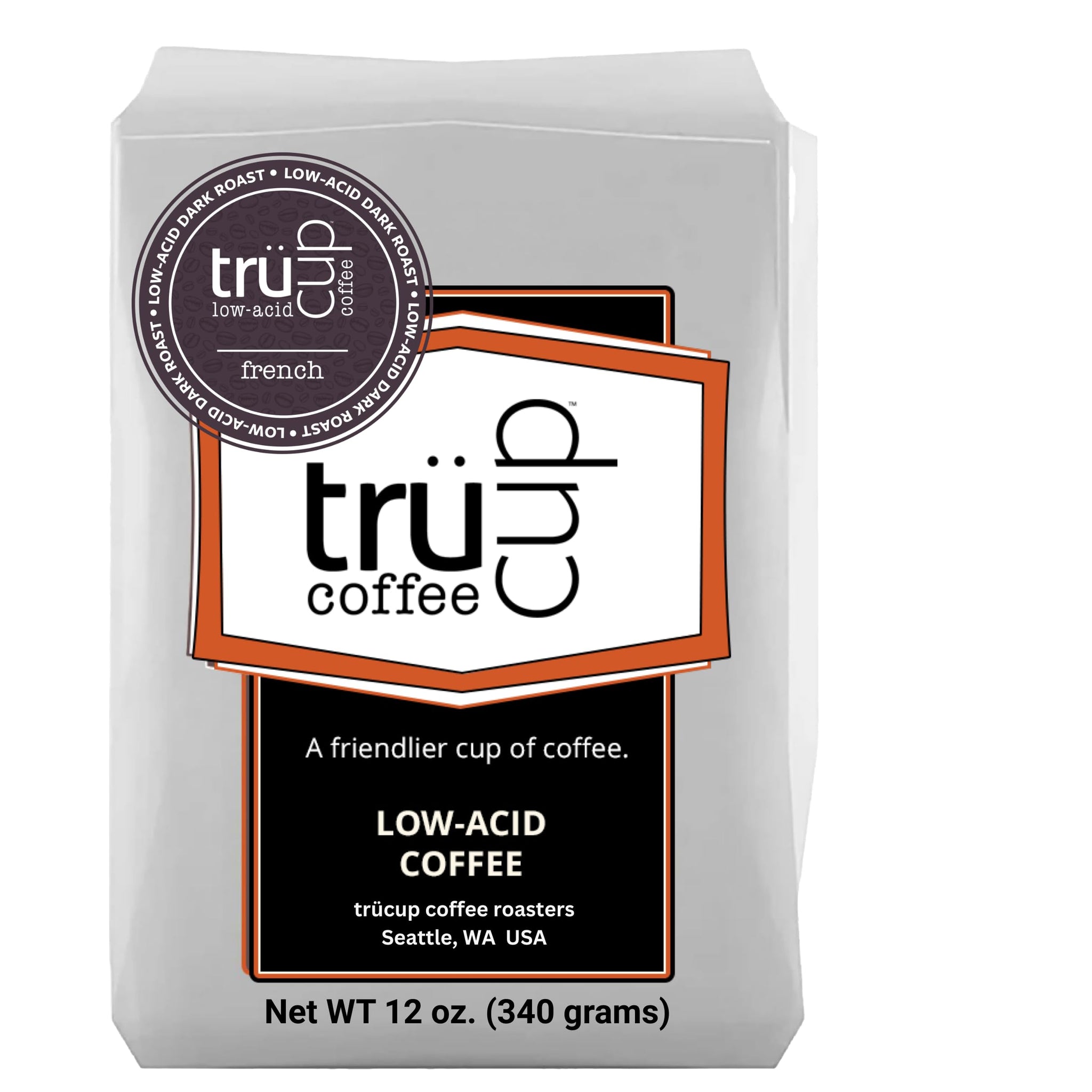 trücup Low Acid Coffee, French Roast Coffee Ground - Drip Grind 12 Oz, Natural Water&Steam Process 60% Less Acid, Smooth Flavor, Stomach-Friendly Rich