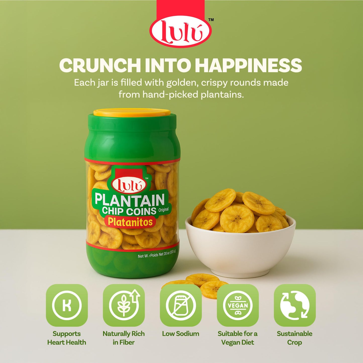 LULU Plantain Chip Coins - Original Flavor, 20 oz Jar - Crunchy Plantain Slices - No Artificial Colors or Preservatives - Ready-to-Eat Snack