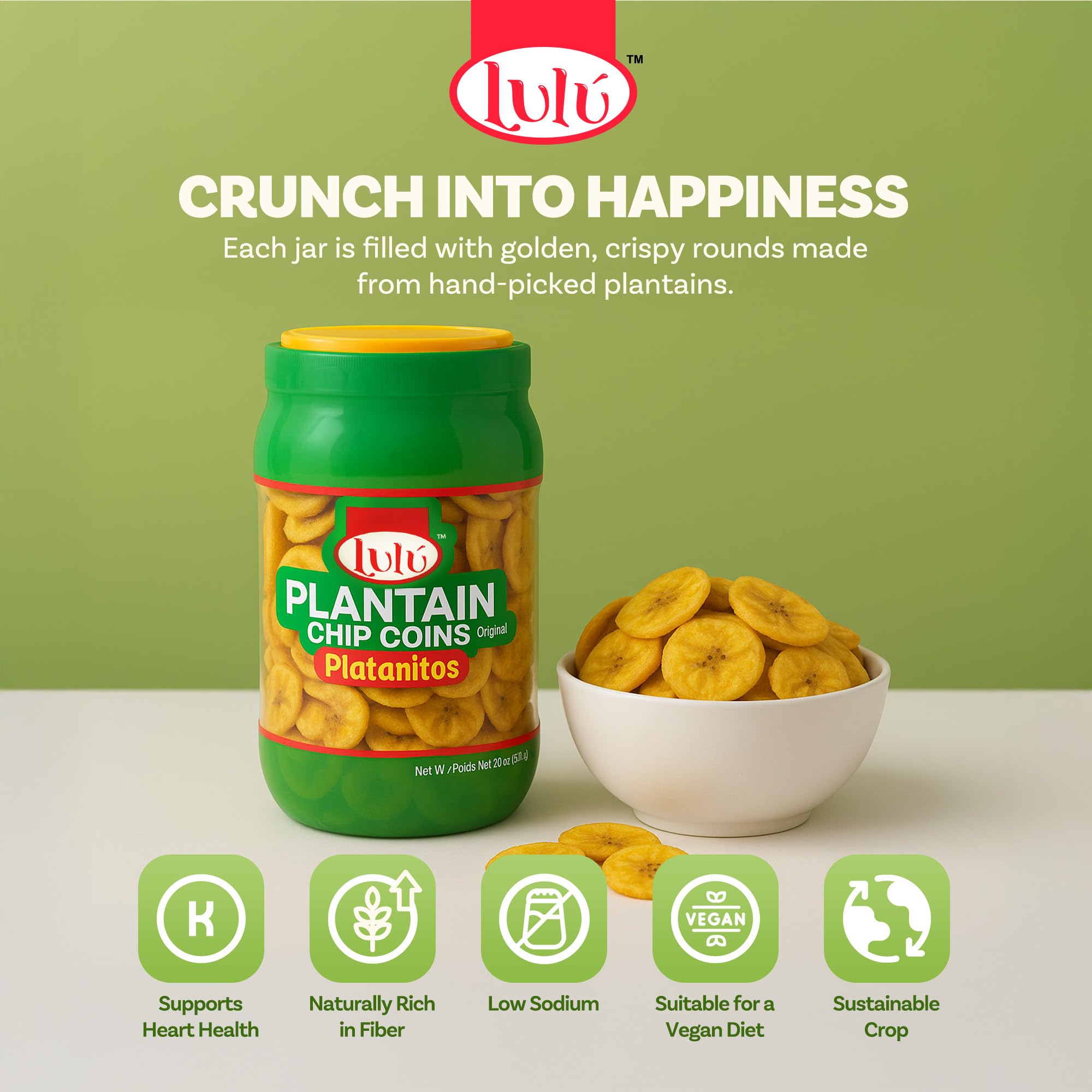 LULU Plantain Chip Coins - Original Flavor, 20 oz Jar - Crunchy Plantain Slices - No Artificial Colors or Preservatives - Ready-to-Eat Snack