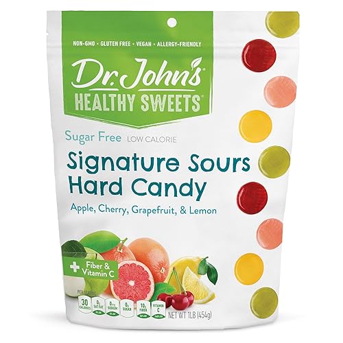 Dr. John's Healthy Sweets Signature Sour Flavors Hard Candy with Zero Sugar, Dye-Free, Plant Based, Keto Friendly, 100 Count, 1 LB Bag
