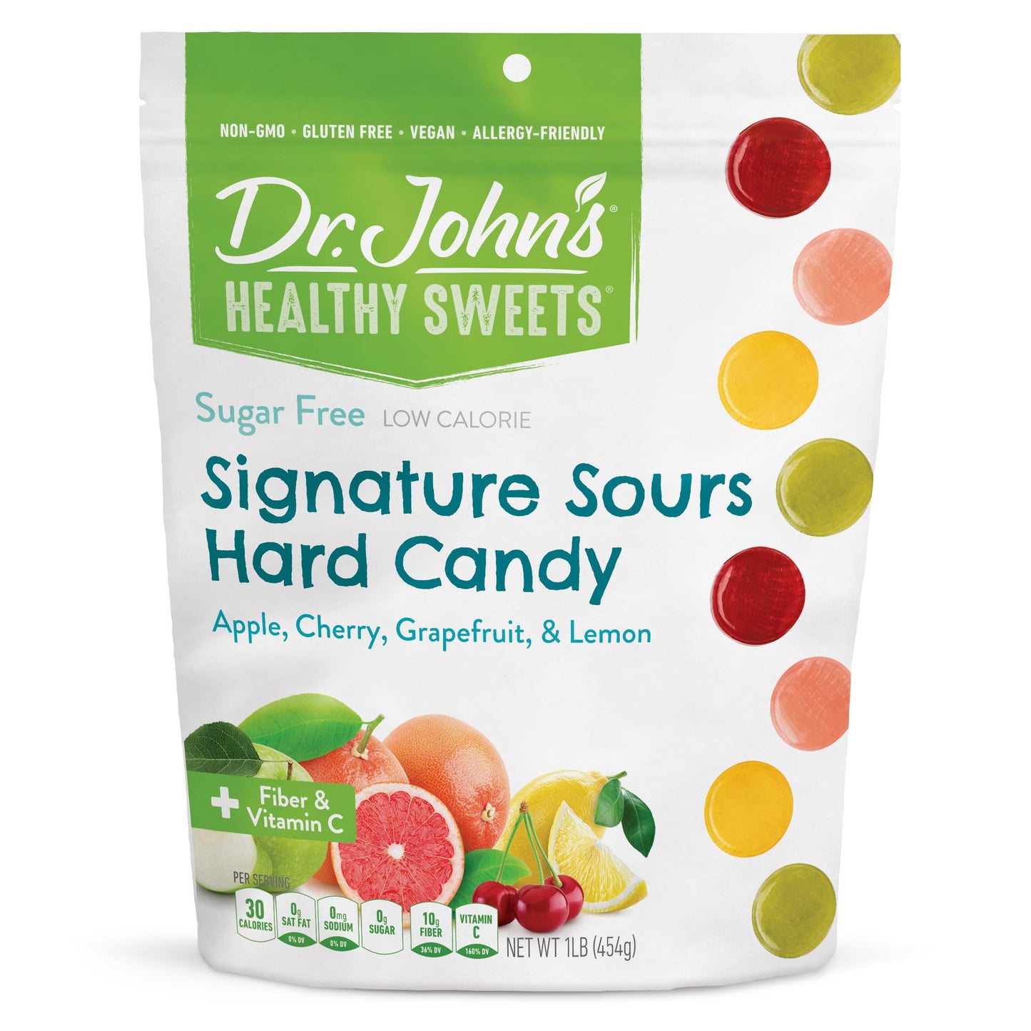 Dr. John's Healthy Sweets Signature Sour Flavors Hard Candy with Zero Sugar, Dye-Free, Plant Based, Keto Friendly, 100 Count, 1 LB Bag