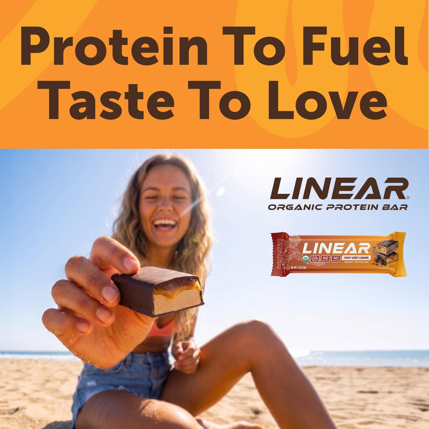 Linear Protein Bar Chewy Gooey Caramel, 20g Organic Whey Protein Bars, 10g Fiber, No Seed Oils, No Sucralose, USDA Organic, Gluten Free, 12 Pack