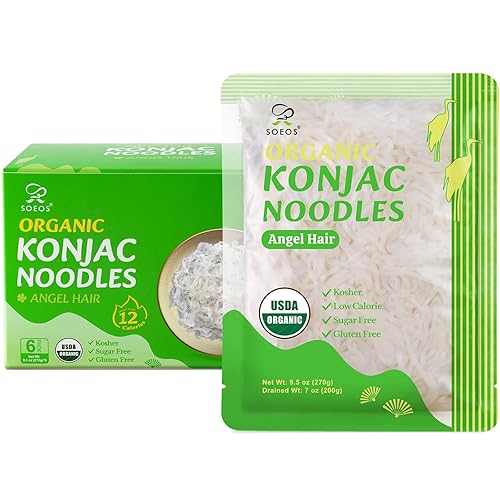 Soeos Organic Konjac Noodles, Angel Hair Pasta, 9.5oz (270g), 6 Packs, Kosher, Sugar Free, Gluten Free, Low Calorie Shirataki Noodle