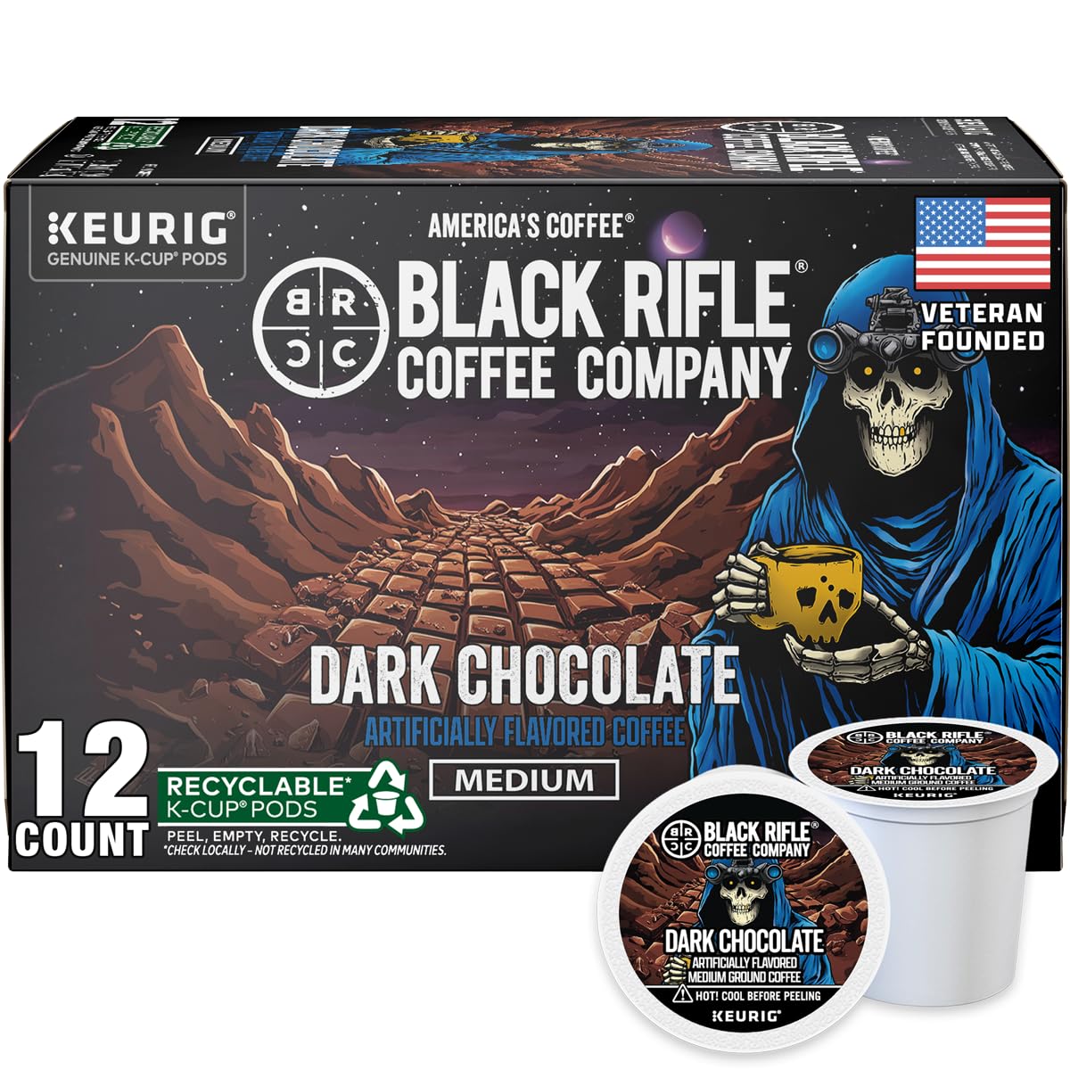 Black Rifle Coffee Company Dark Chocolate K-Cups, Rounds 12-count- Rich Dark Chocolate Favor Blended with Bold Roast in Convenient Pods