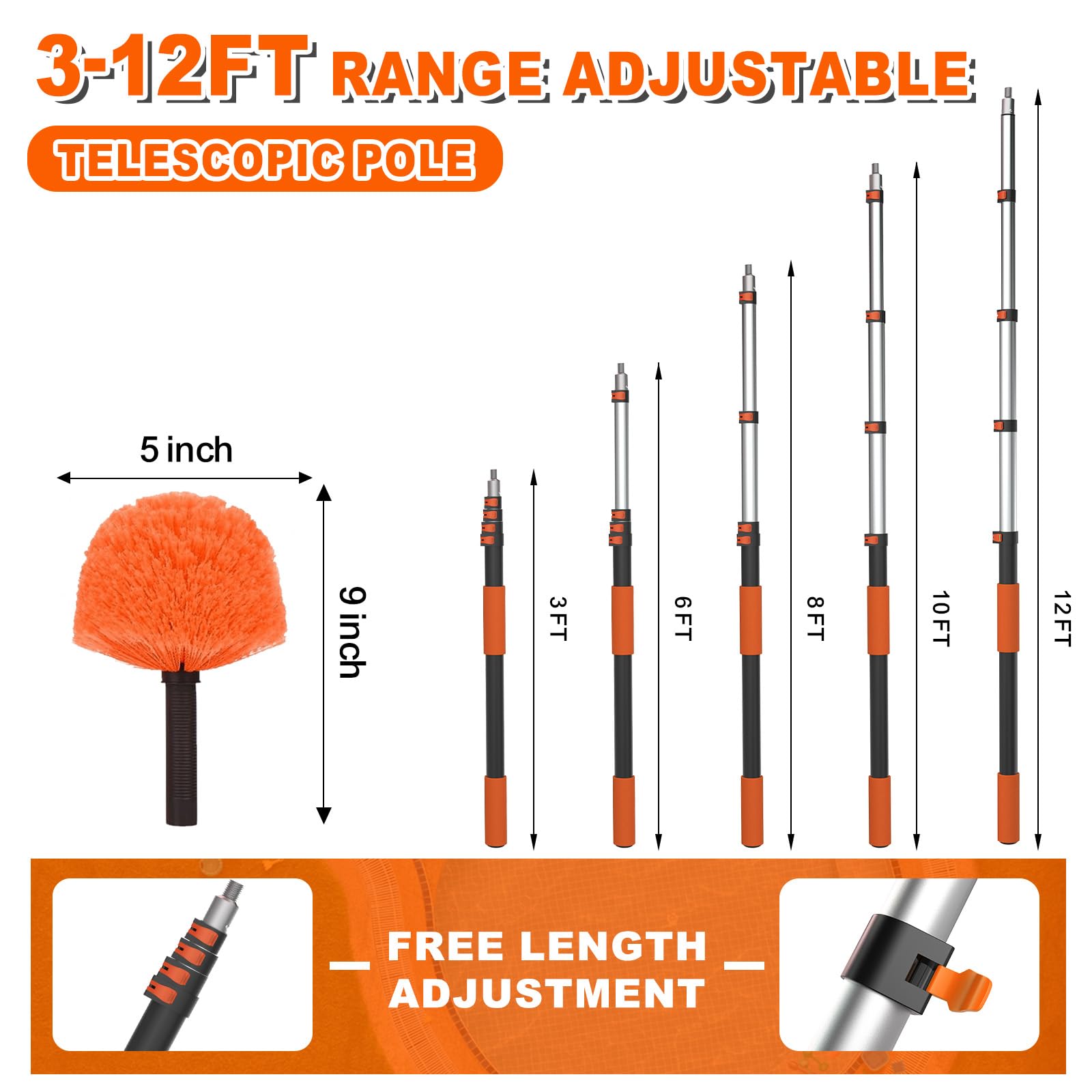 SISUPASSIE 20FT Reach Cobweb Duster with Extension Pole, High Ceiling Long Duster with 3-12FT Telescoping Pole, Spider Web Brush for Indoor Outdoor