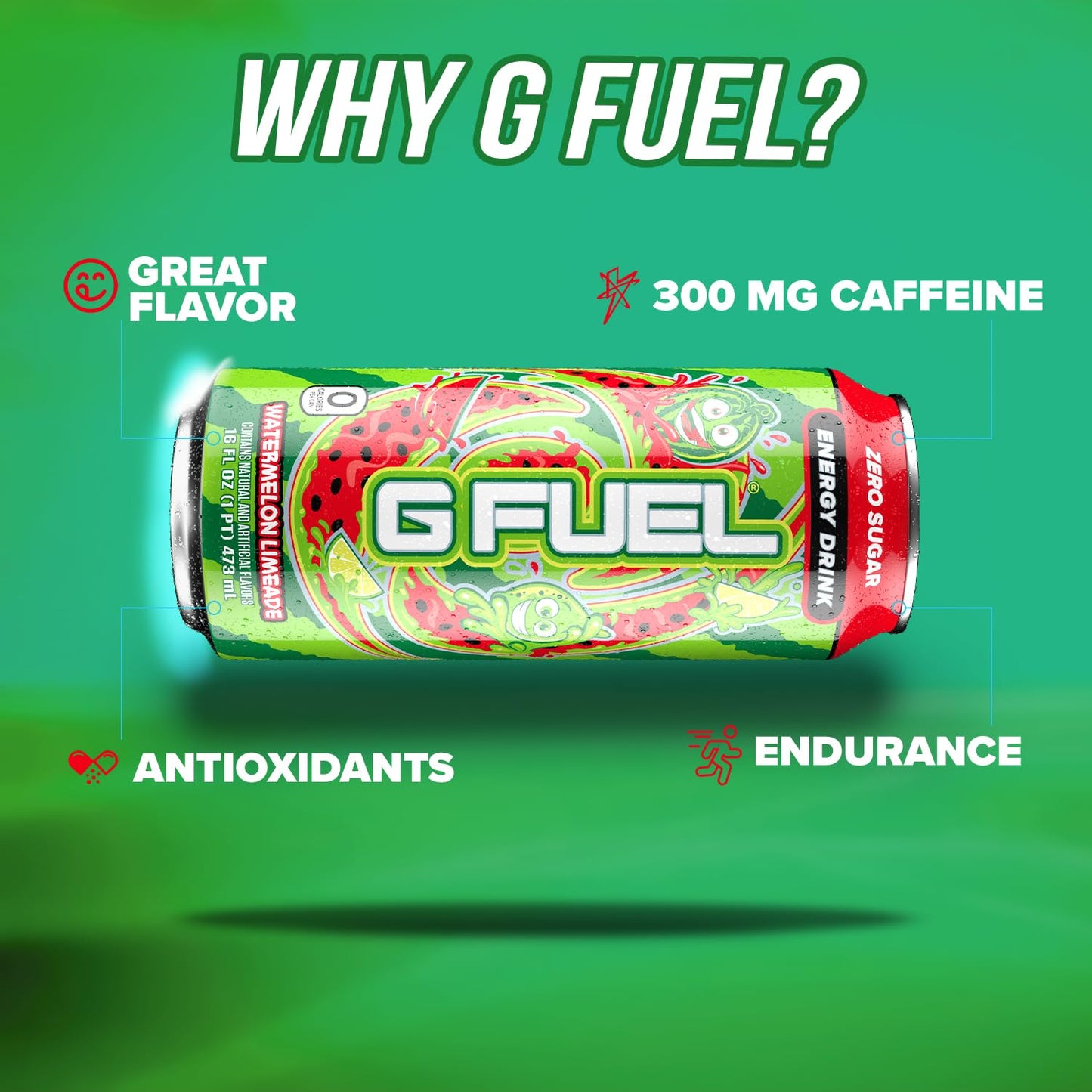 G Fuel Energy Drink, Watermelon, Sugar Free Beverage with 300mg Caffeine, Daily Energy Boost with Focus Amino, Vitamin + Antioxidants, 16 oz Cans