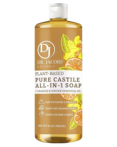 Dr. Jacobs Naturals Orange & Ginger Castile All-In-One Cleaner and Soap - Plant-Based Formula for House Cleaning Floors and Appliances - Gentle on