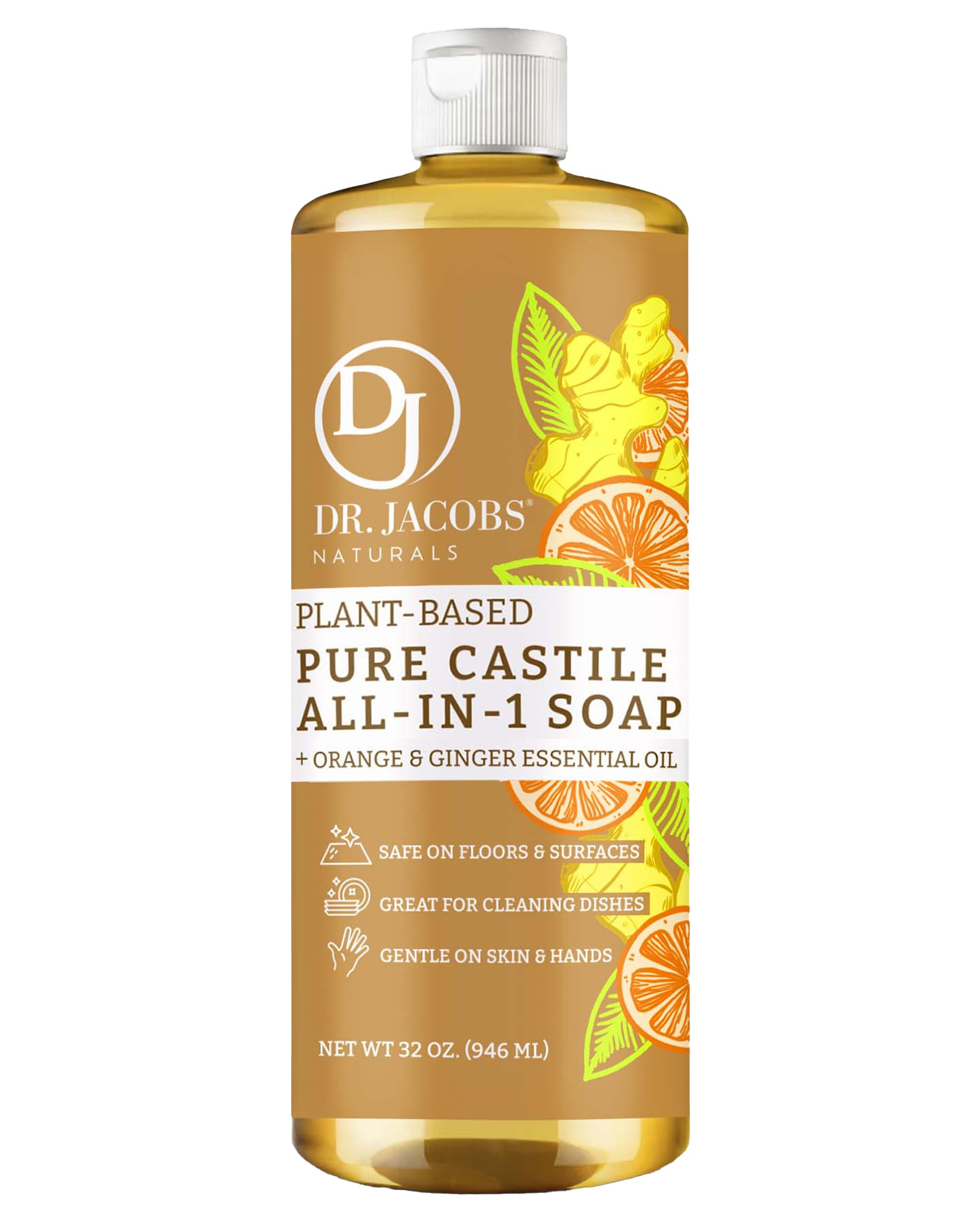 Dr. Jacobs Naturals Orange & Ginger Castile All-In-One Cleaner and Soap - Plant-Based Formula for House Cleaning Floors and Appliances - Gentle on