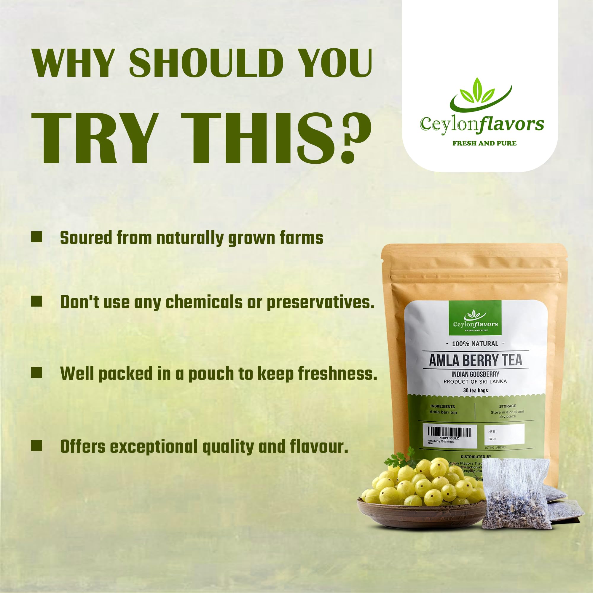 CEYLONFLAVORS FRESH AND PURE Amla (gooseberry) 30 Tea Bags From CeylonFlavor Fesh and Pure Sri Lanka