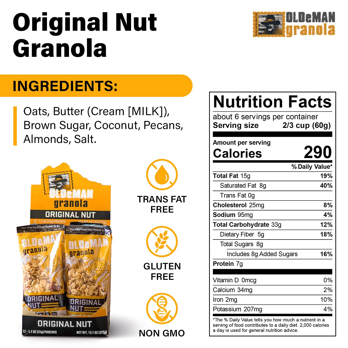 Olde Man Granola Gluten Free Granola - Non-GMO Healthy Granola Cereal - Soft Whole Grain Oats, Butter, Brown Sugar - Handmade in Colorado (Original