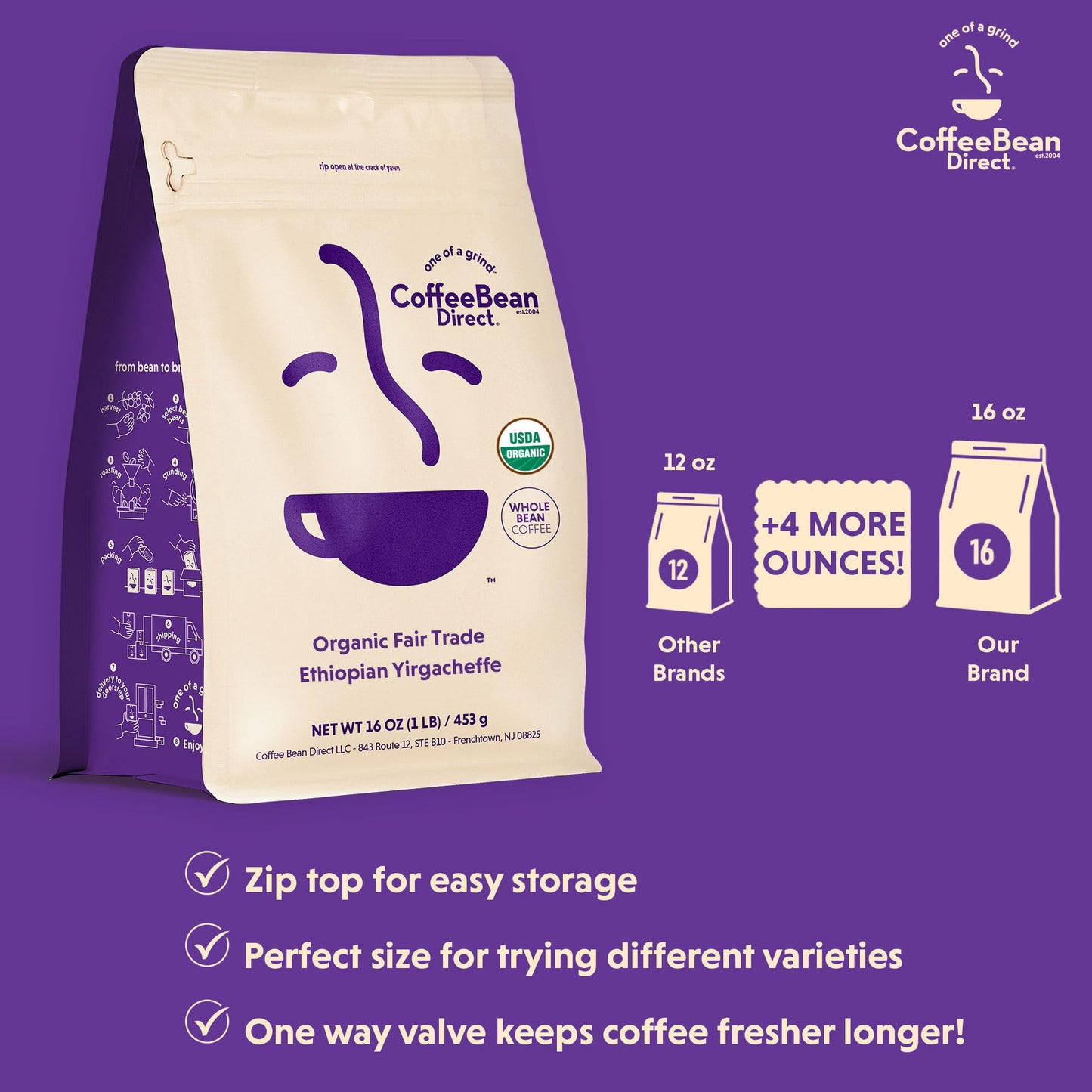 Coffee Bean Direct Organic Fair Trade Ethiopian Yirgacheffe, Whole Bean Coffee, Arabica Coffee, Light Roast, 1 Pound Bag (Pack of 1)