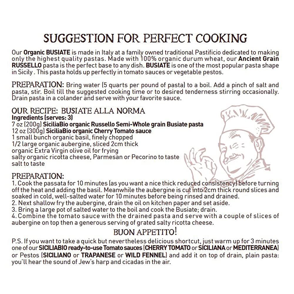 Tere e Tradizionni Organic Timilia/Tumminia Low-Gluten Index Semi-Whole Wheat Busiate Pasta - Ancient Grains Grown in Sicily Italy - Al Dente Texture